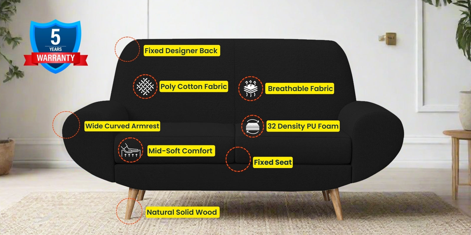 Jessy Fabric 2 Seater Sofa In Zed Black Colour - Febonic Living