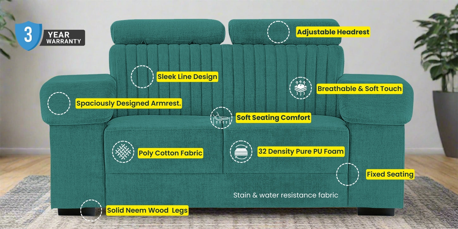 Draco Fabric 2 Seater Sofa In Vivid Orange Colour - Febonic Living