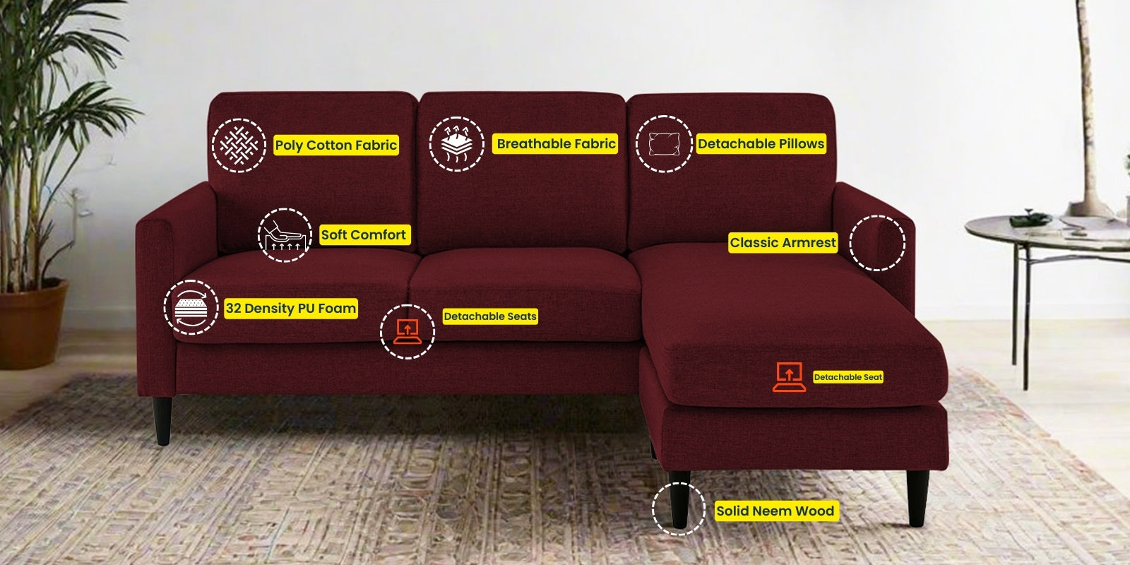 Romie Fabric LHS Sectional Sofa (2+Lounger) In Blood Maroon Colour - Febonic Living