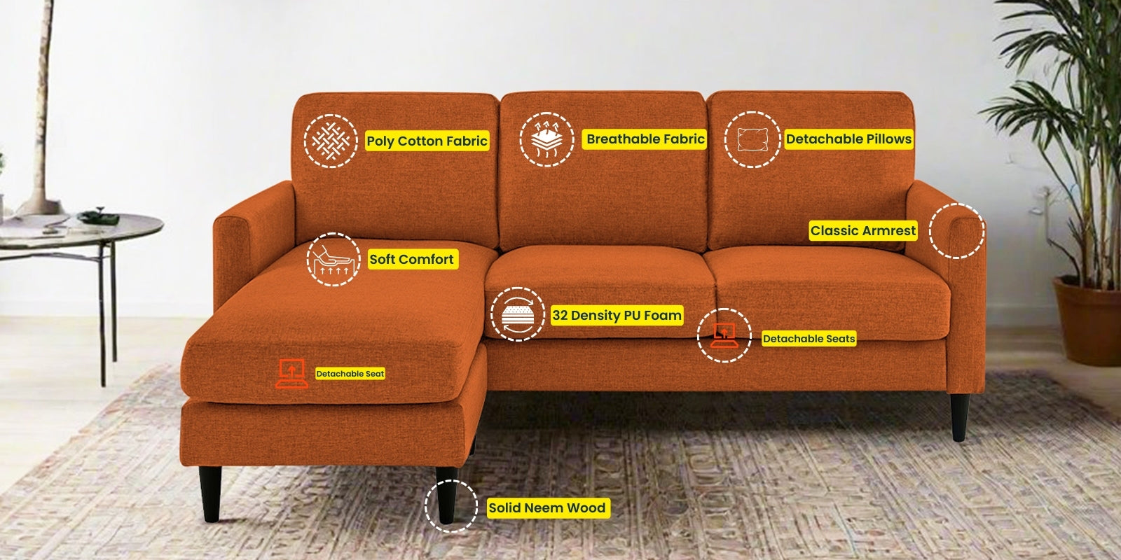 Romie Fabric RHS Sectional Sofa (2+Lounger) In Vivid Orange Colour - Febonic Living