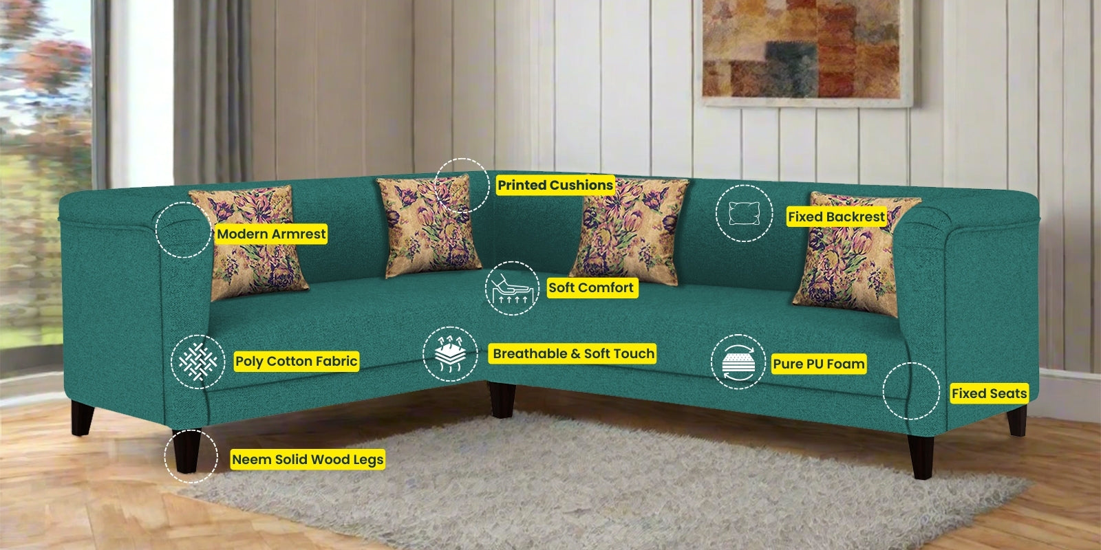 Niki Fabric Corner Sofa In Sea Green Colour - Febonic Living