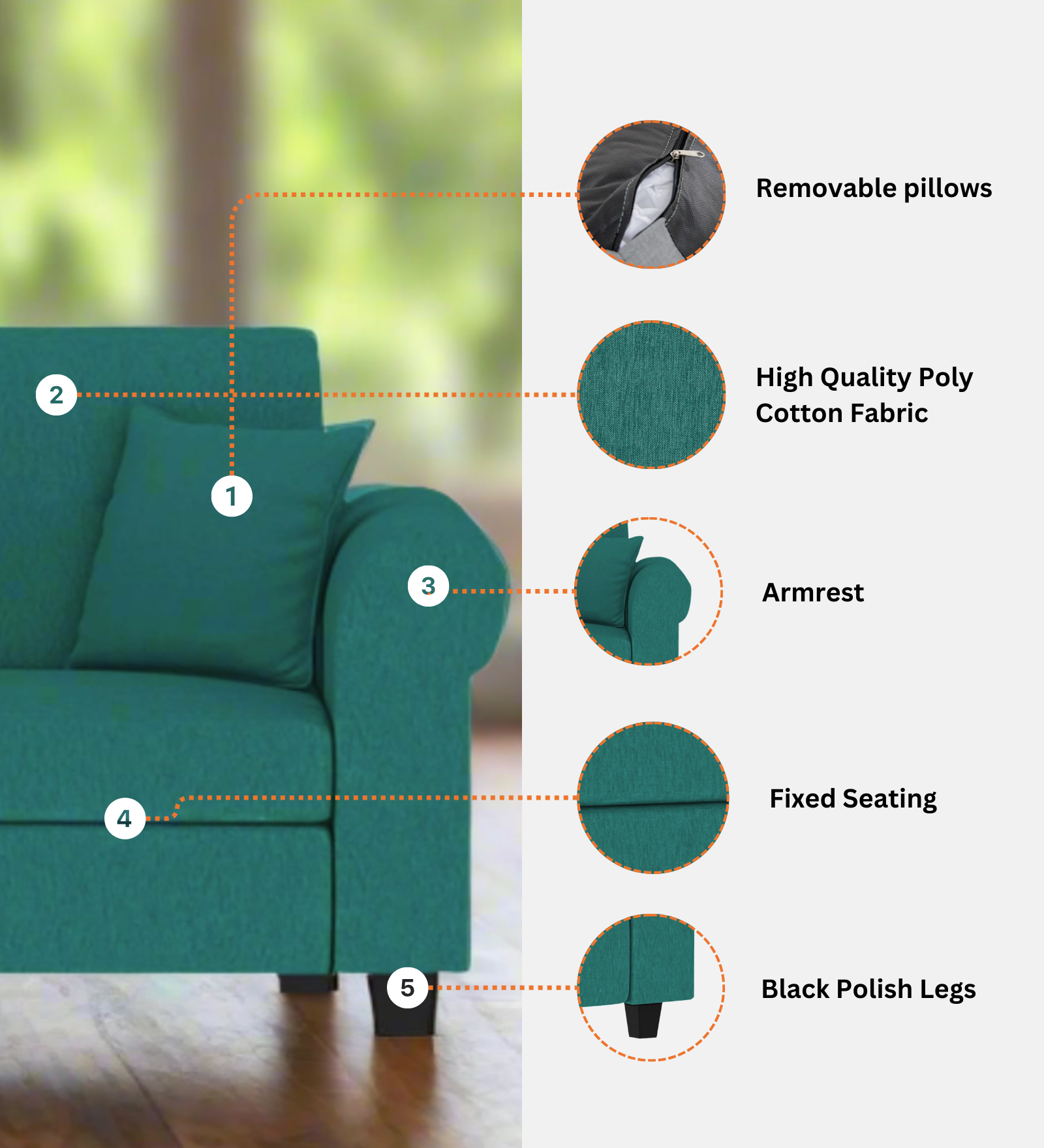 Derado Fabric 1 Seater Sofa In Cara Brown Colour - Febonic Living