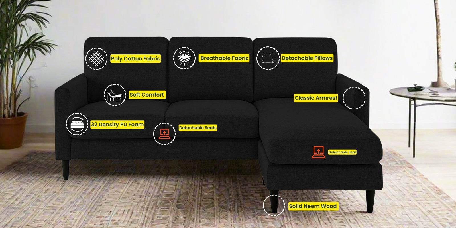 Romie Fabric LHS Sectional Sofa (2+Lounger) In Zed Black Colour - Febonic Living