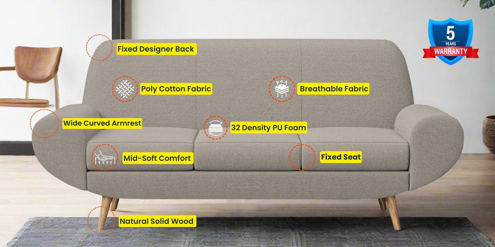 Jessy Fabric 3 Seater Sofa In Ash Grey Colour - Febonic Living