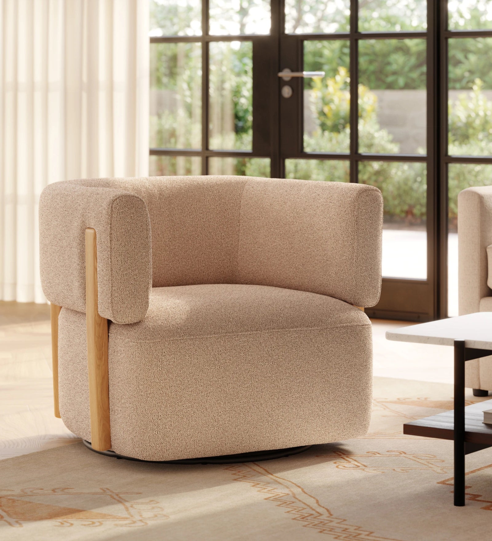 Simba Boucle Fabric Swivel Chair in Mushroom Beige Colour