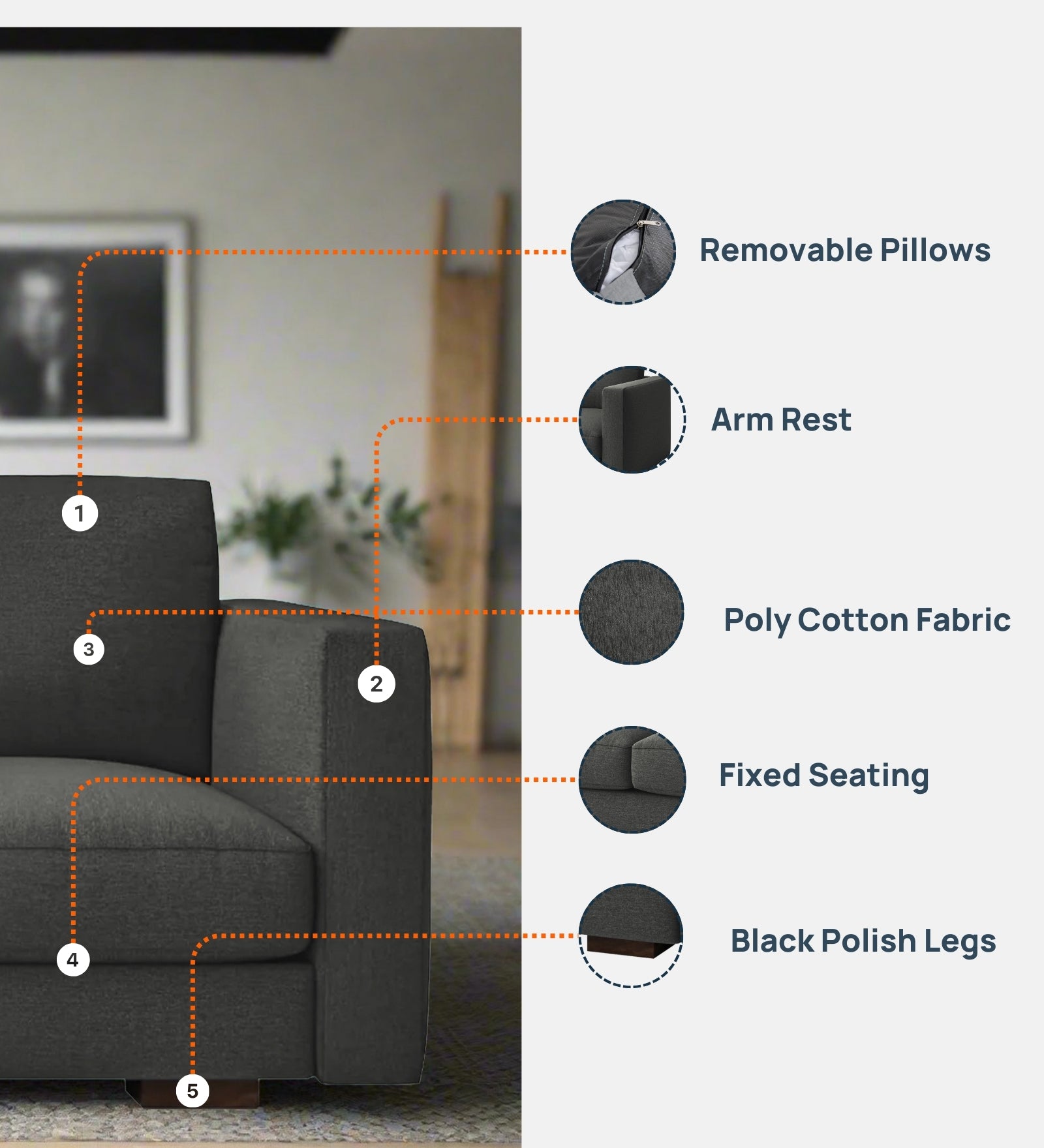 Messy Fabric 1 Seater Sofa In Charcoal Grey Colour - Febonic Living