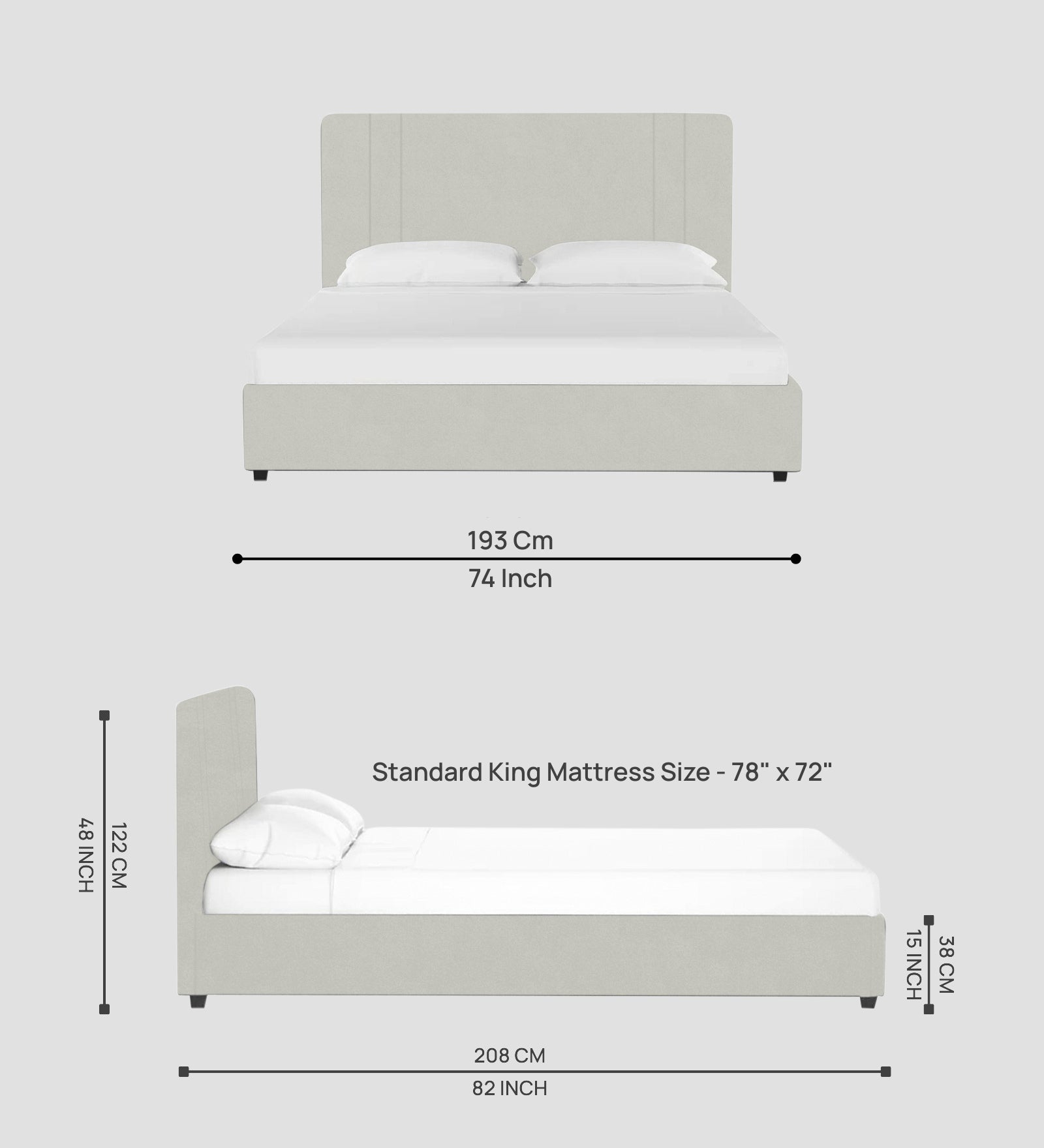 Asyra Velvet King Size Bed in Bone Grey Colour With Box Storage - Febonic Living