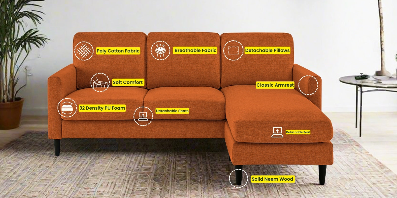 Romie Fabric LHS Sectional Sofa (2+Lounger) In Vivid Orange Colour - Febonic Living