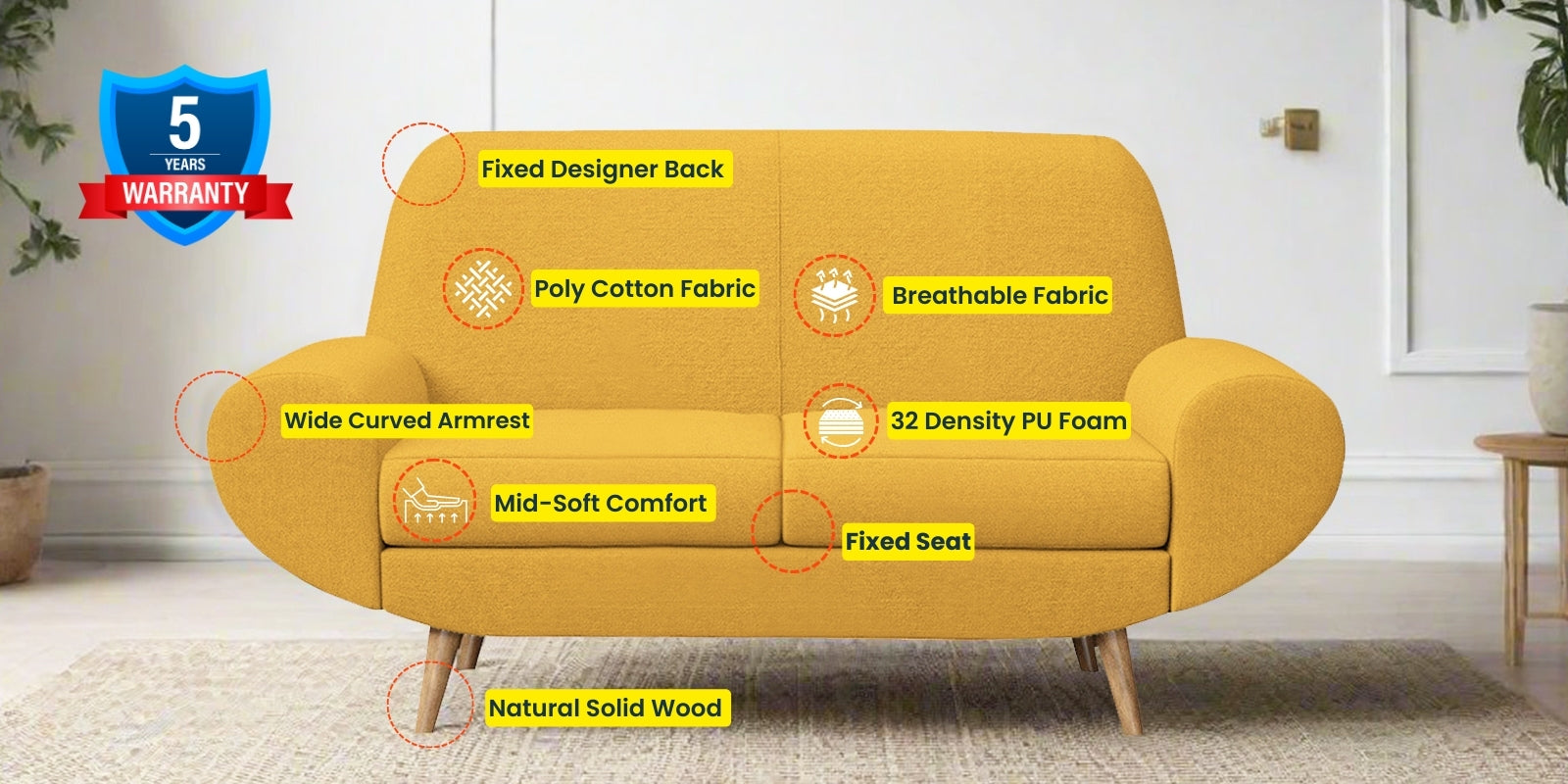 Jessy Fabric 2 Seater Sofa In Bold Yellow Colour - Febonic Living