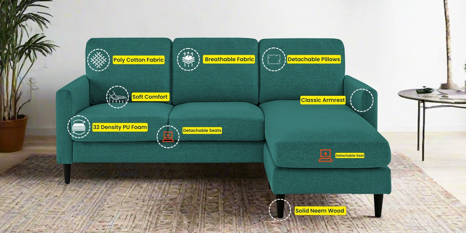 Romie Fabric LHS Sectional Sofa (2+Lounger) In Sea Green Colour - Febonic Living