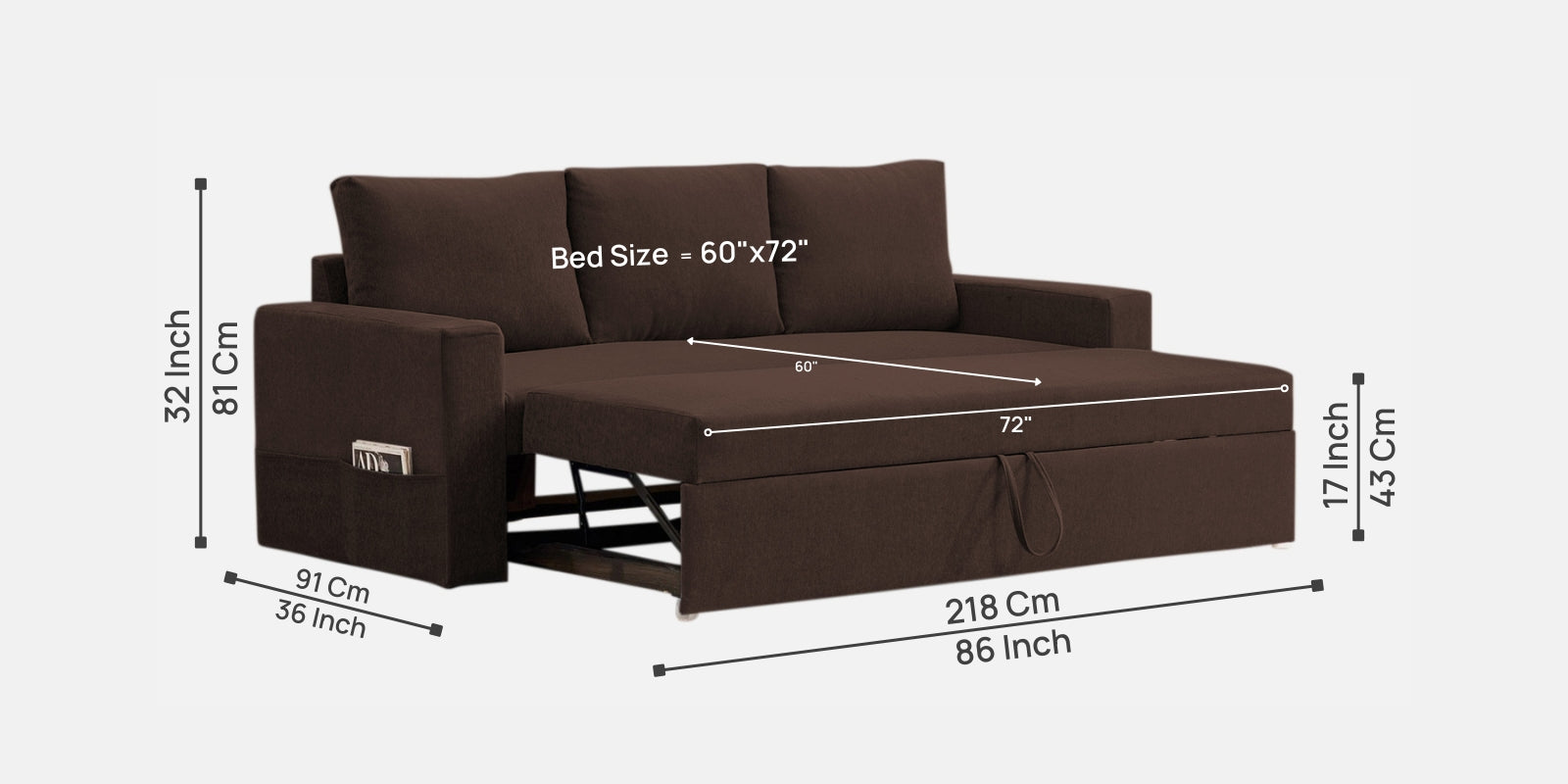 Kara Fabric 3 Seater Pull Out Sofa Cum Bed In Coffee Brown Colour - Febonic Living