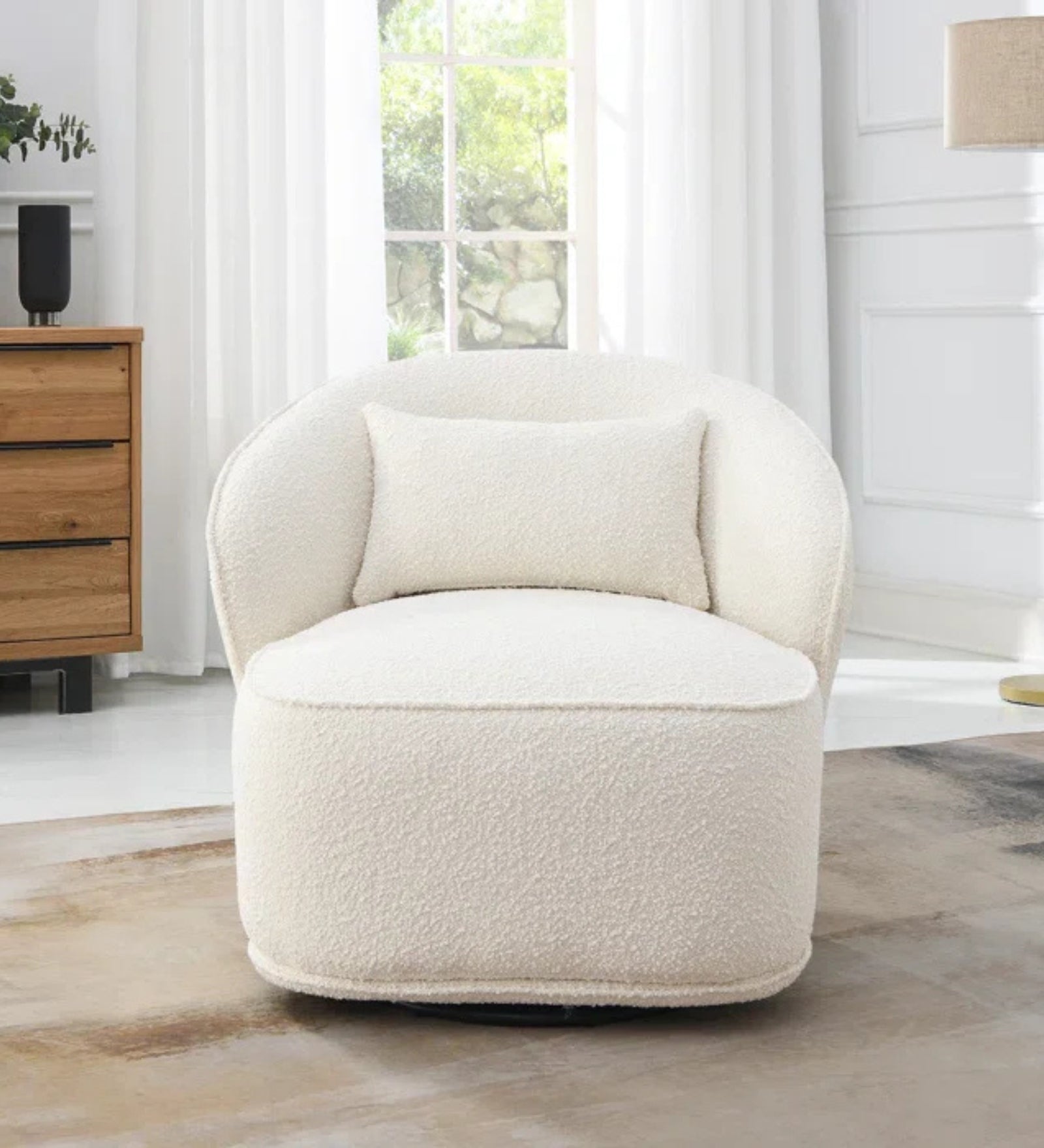 Hank Boucle Fabric Swivel Chair in Shell White Colour