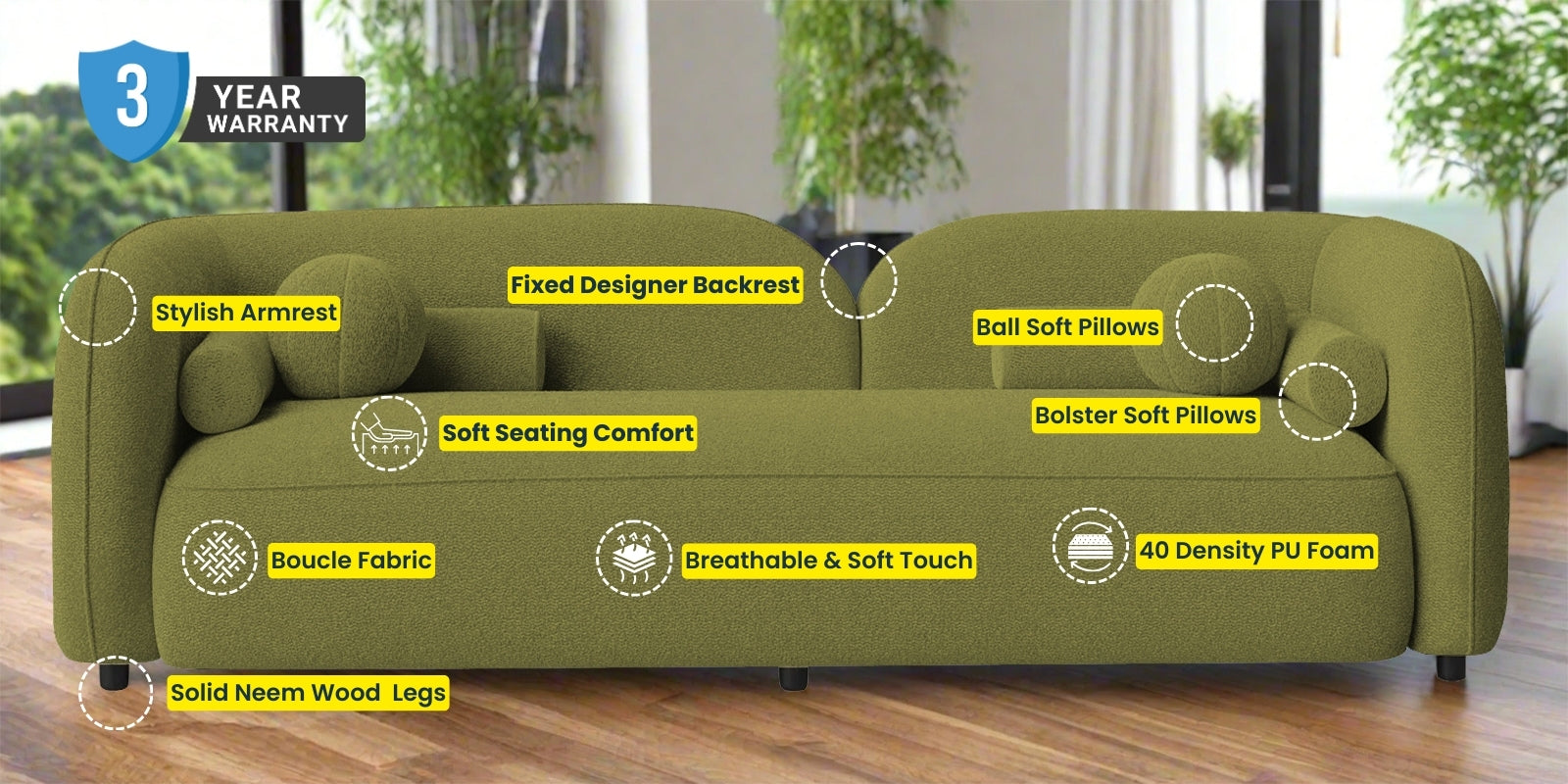 Corny Boucle Fabric 3 Seater Sofa In Ocean Blue Colour - Febonic Living