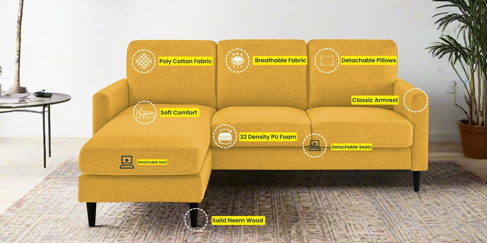 Romie Fabric RHS Sectional Sofa (2+Lounger) In Bold Yellow Colour - Febonic Living