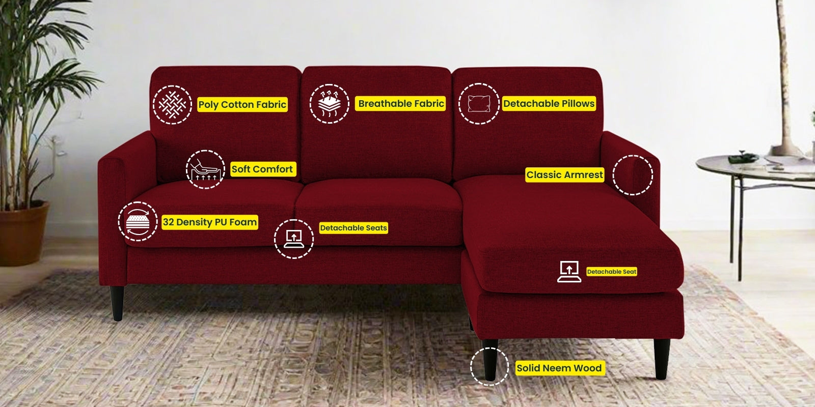 Romie Fabric LHS Sectional Sofa (2+Lounger) In Ruby Red Colour - Febonic Living