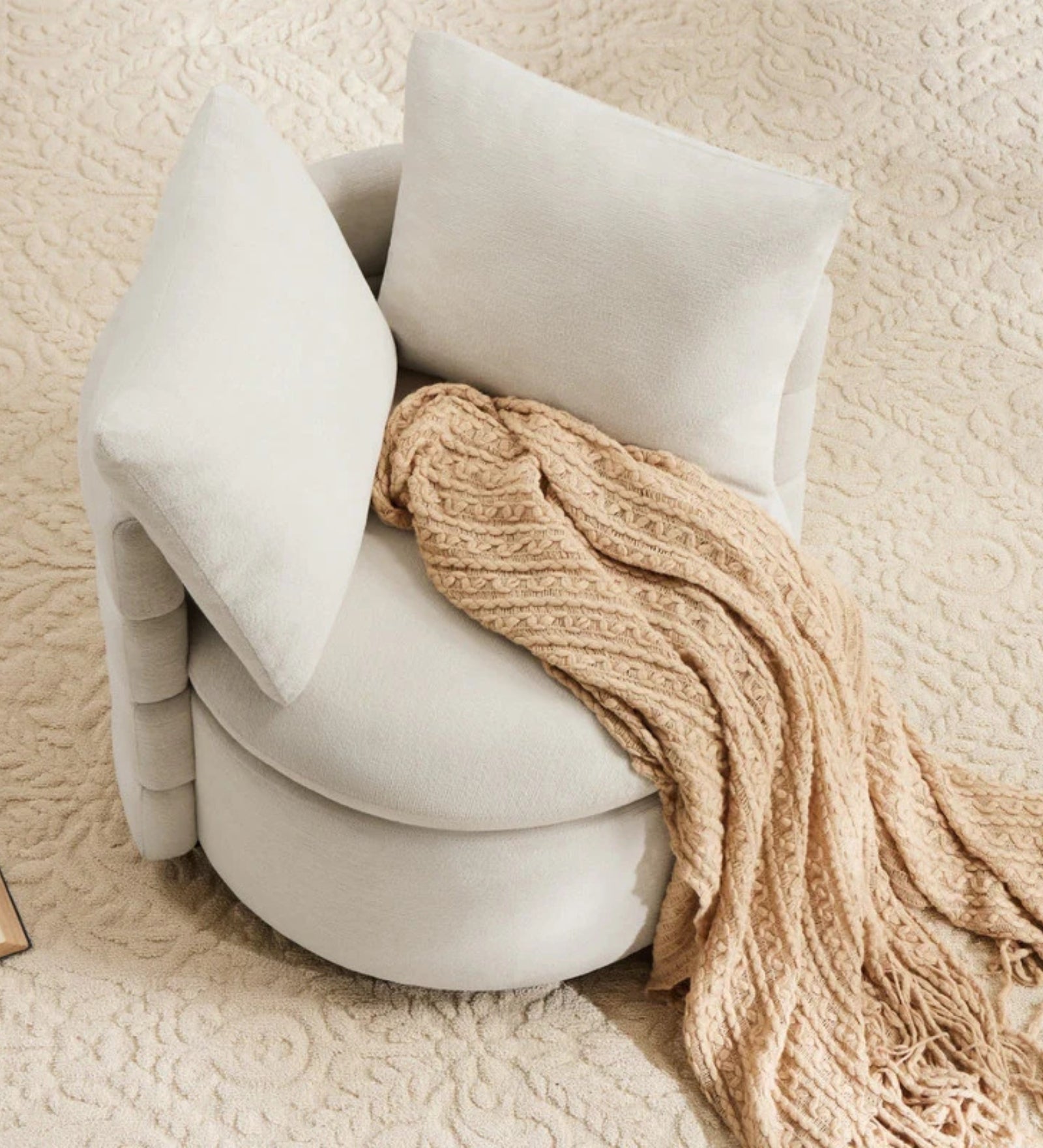 Rocco Fabric Swivel Chair in Ivory Cream Colour With Storage