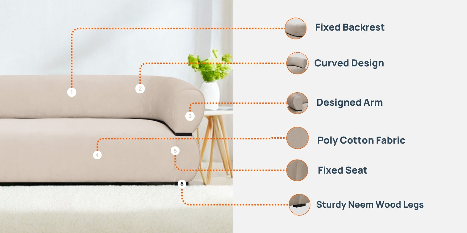 Kula Velvet 3 Seater Sofa In Cream Beige Colour - Febonic Living