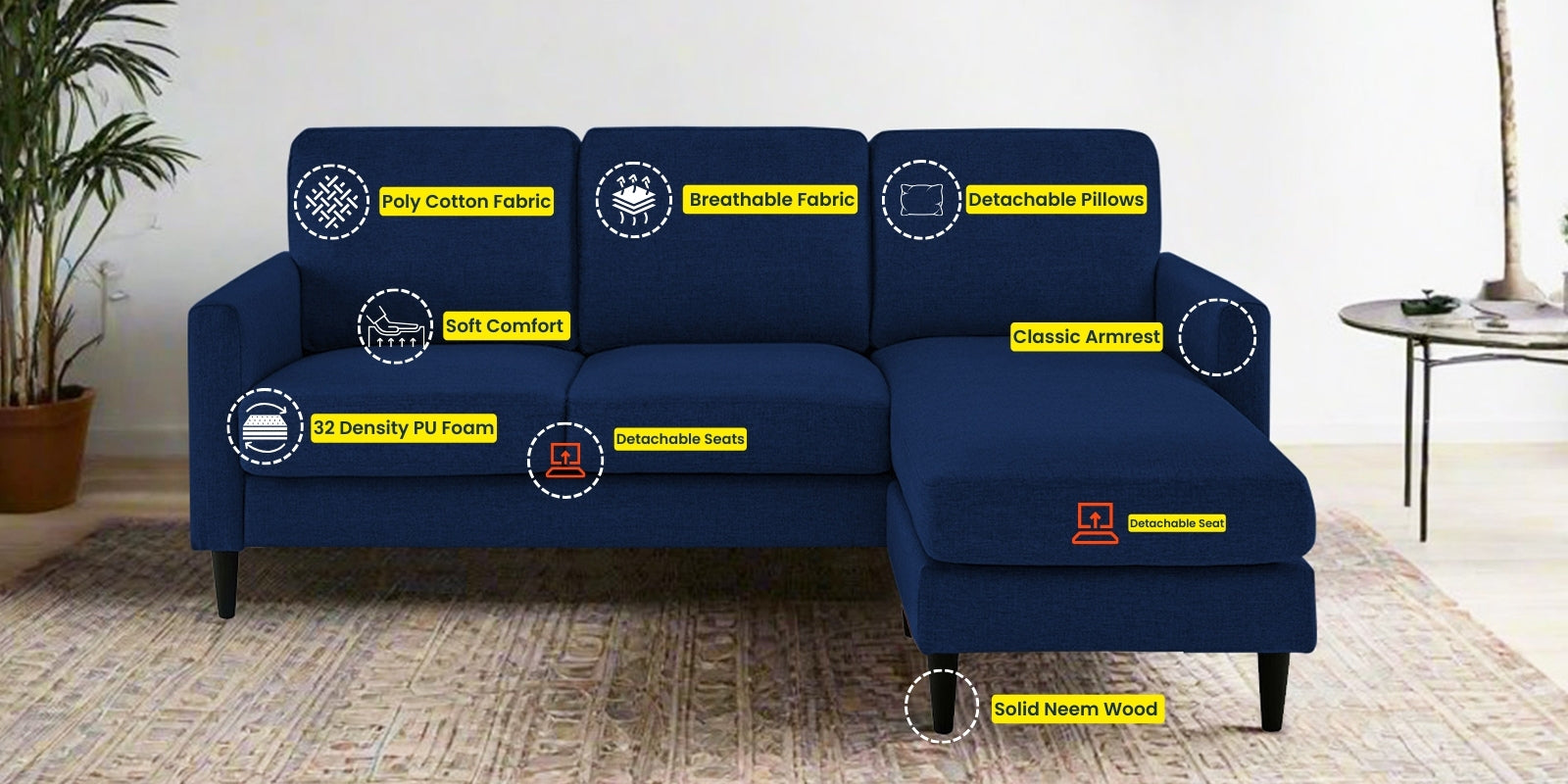 Romie Fabric LHS Sectional Sofa (2+Lounger) In Royal Blue Colour - Febonic Living
