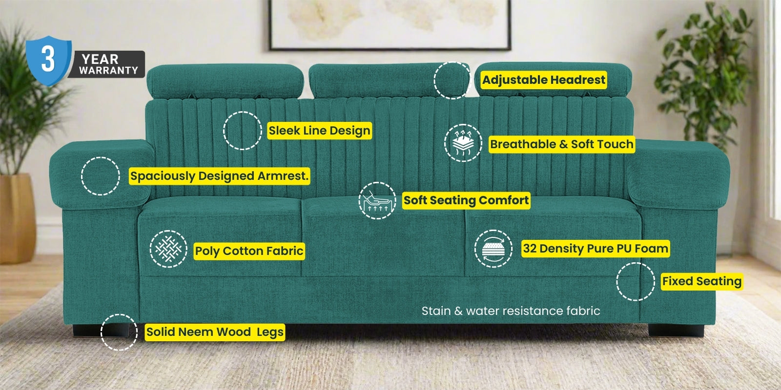 Draco Fabric 3 Seater Sofa In Lit Grey Colour