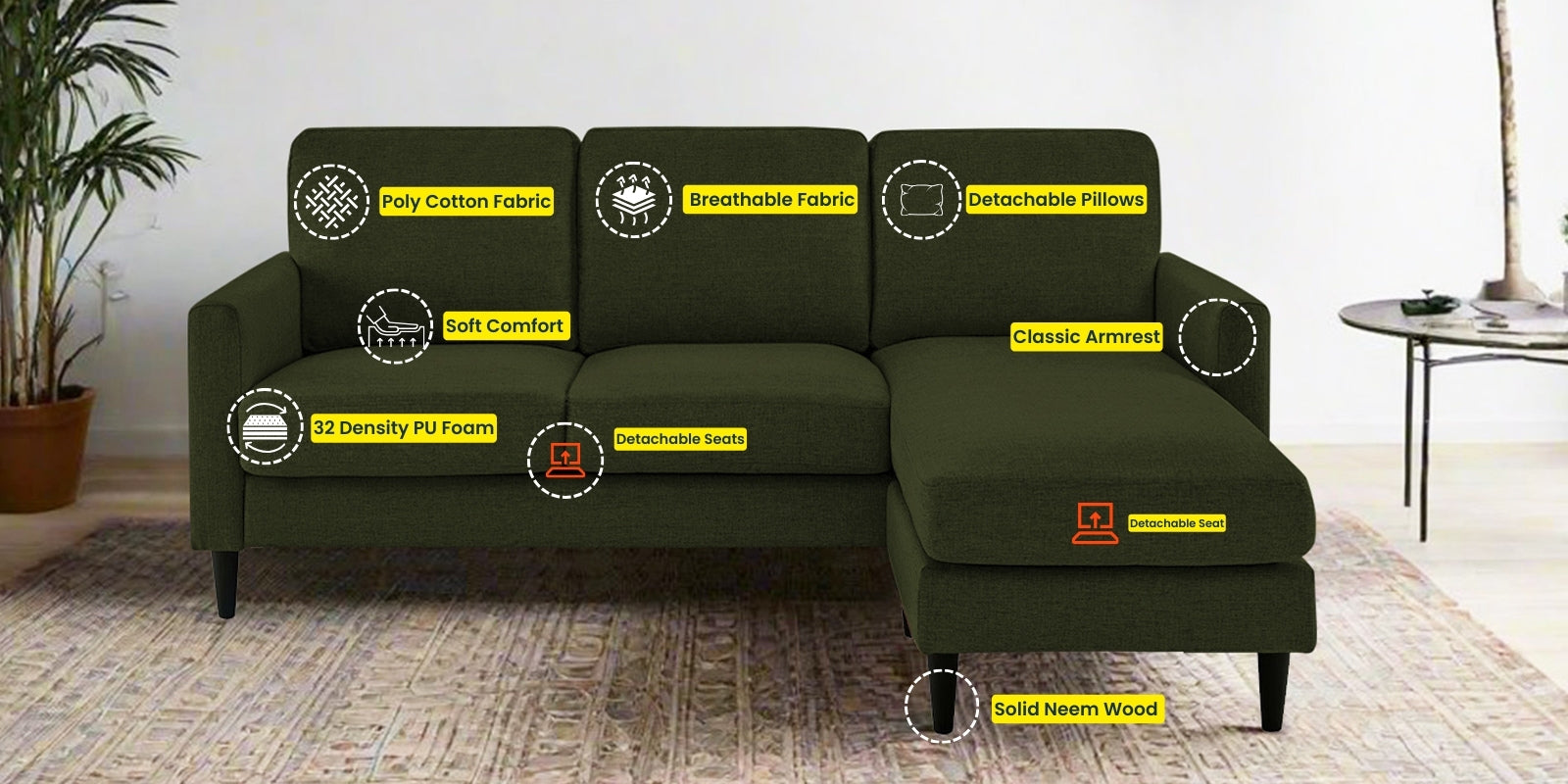 Romie Fabric LHS Sectional Sofa (2+Lounger) In Olive Green Colour - Febonic Living