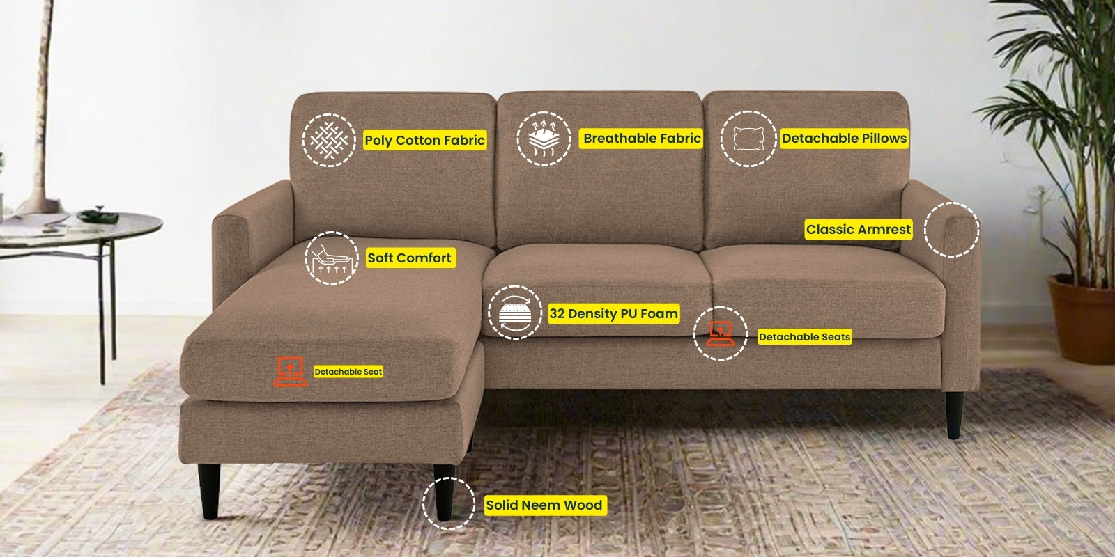 Romie Fabric RHS Sectional Sofa (2+Lounger) In Cookie Beige Colour - Febonic Living