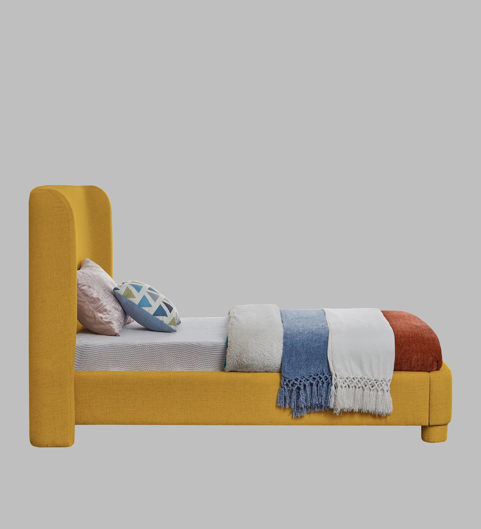 Lenny Fabric Upholstered Single Bed in Bold Yellow Colour - Febonic Living