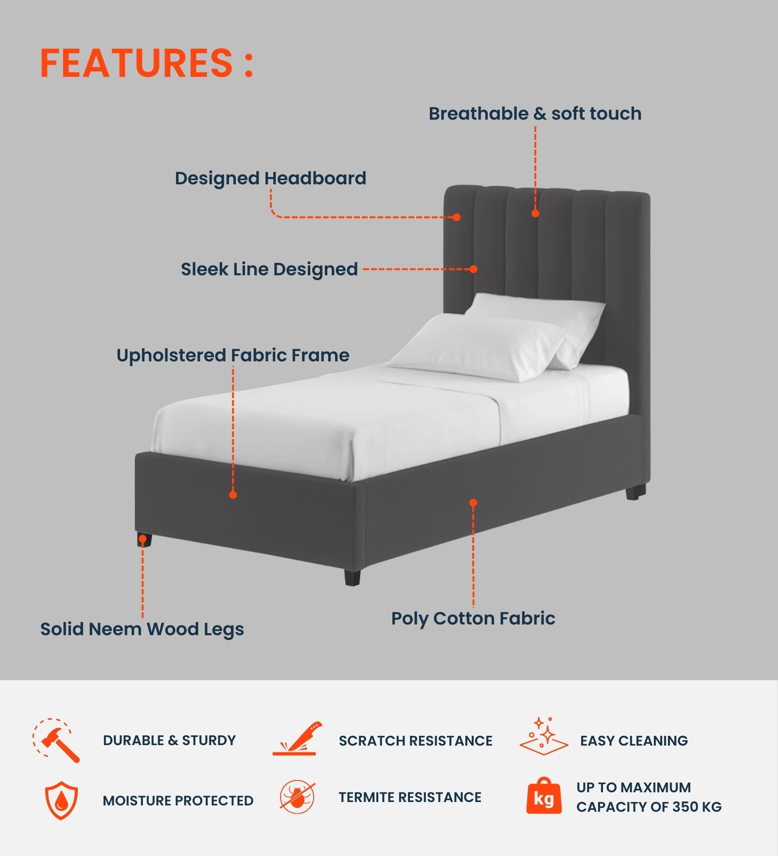 Lara Velvet Upholstered Single Bed in Davy Grey Colour - Febonic Living