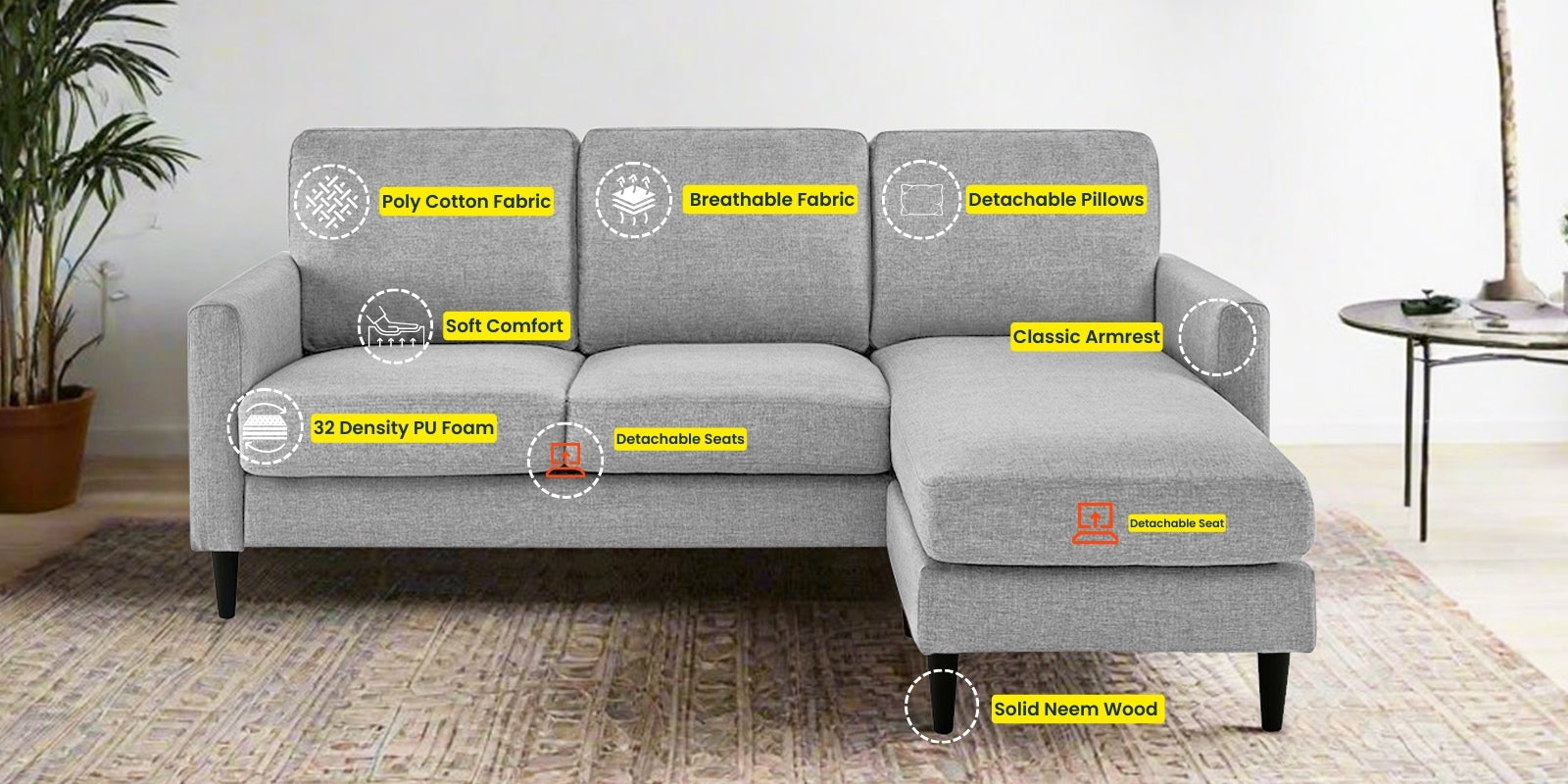 Romie Fabric LHS Sectional Sofa (2+Lounger) In Lit Grey Colour - Febonic Living