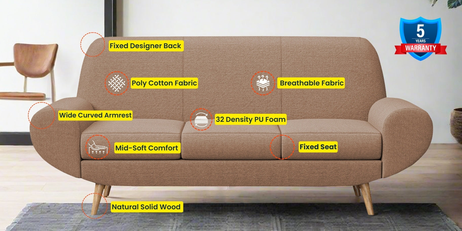 Jessy Fabric 3 Seater Sofa In Cosmic Beige Colour - Febonic Living
