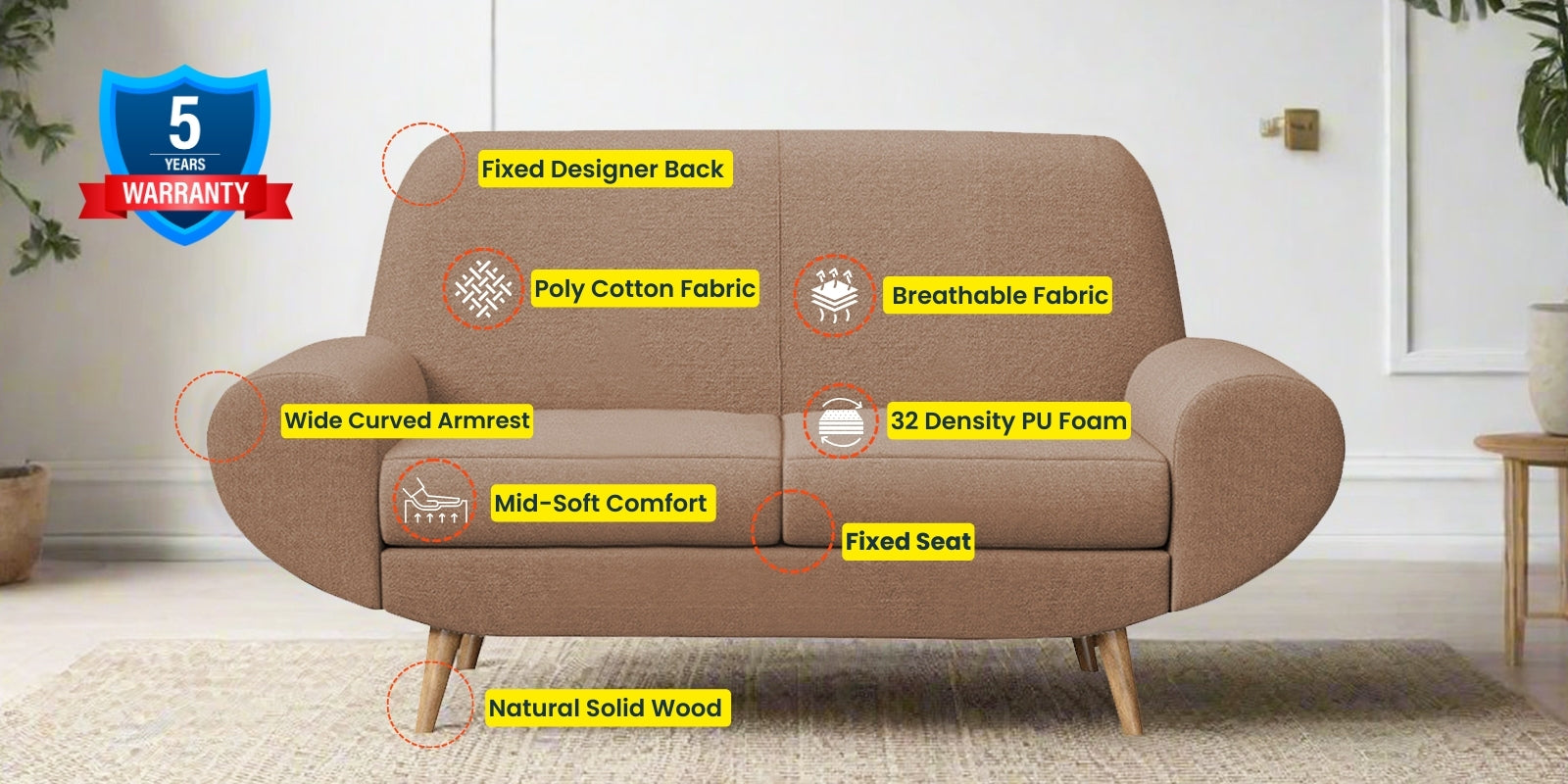 Jessy Fabric 2 Seater Sofa In Cosmic Beige Colour - Febonic Living