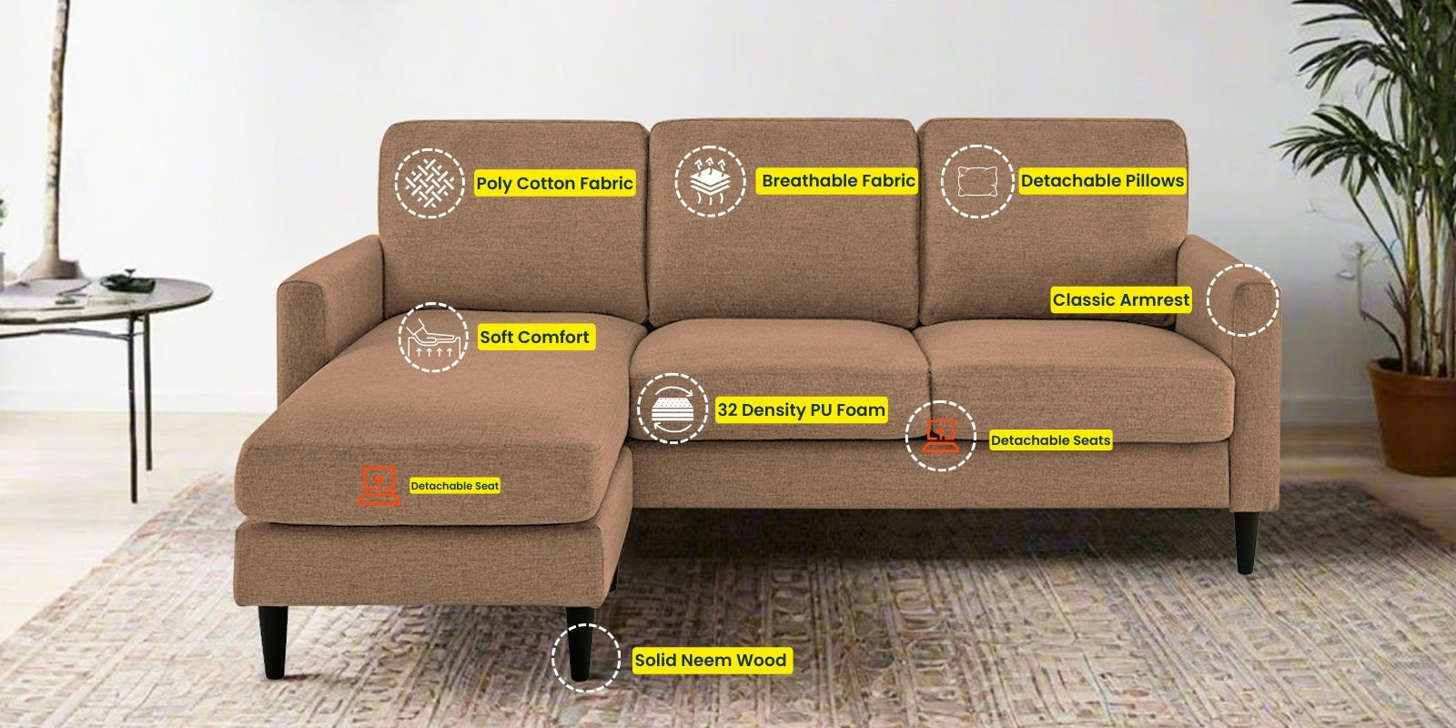 Romie Fabric RHS Sectional Sofa (2+Lounger) In Cosmic Beige Colour - Febonic Living