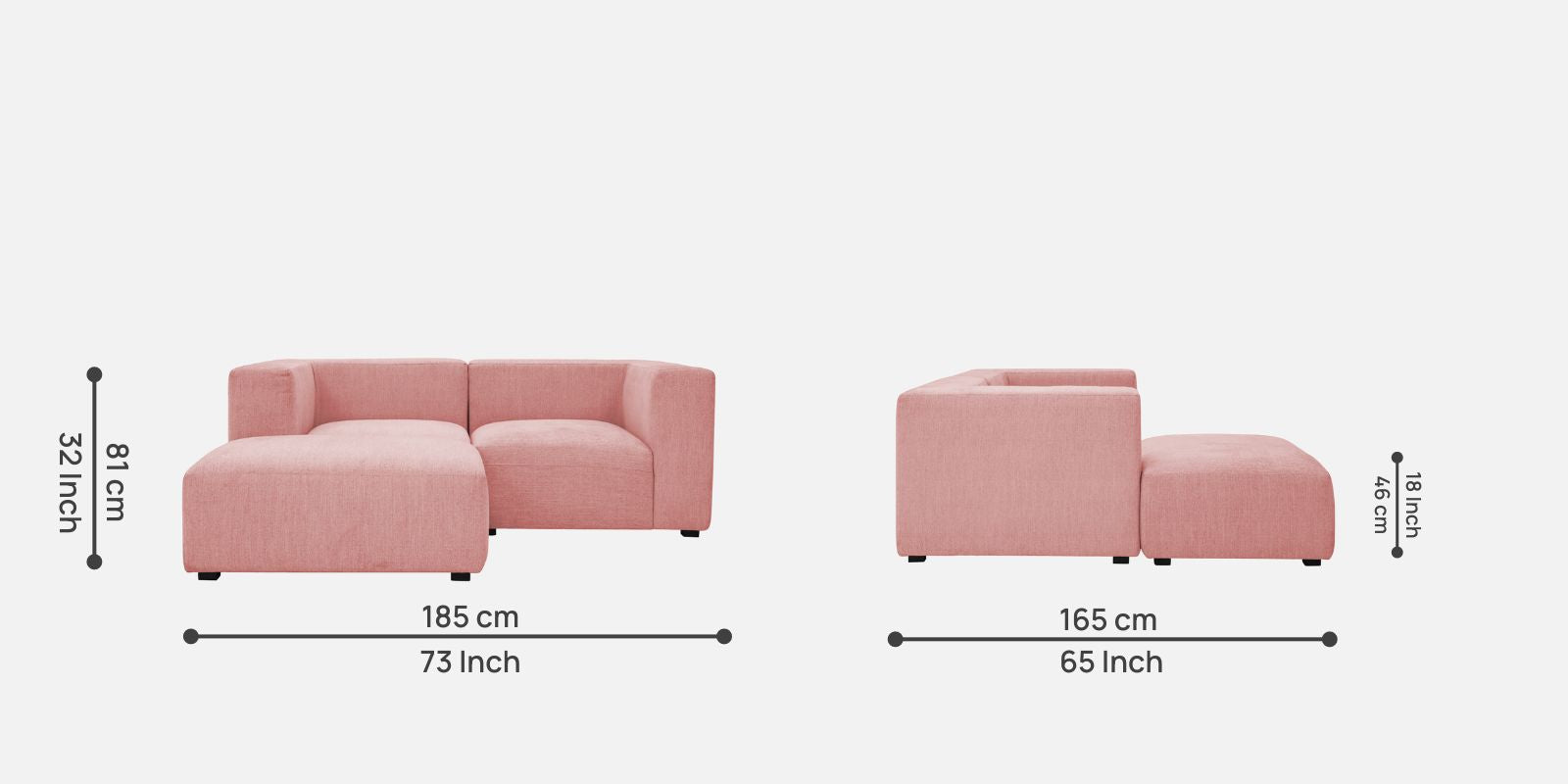 Dora Velvet RHS Sectional Sofa (2+Ottoman Lounger) In Millennial Pink Colour - Febonic Living