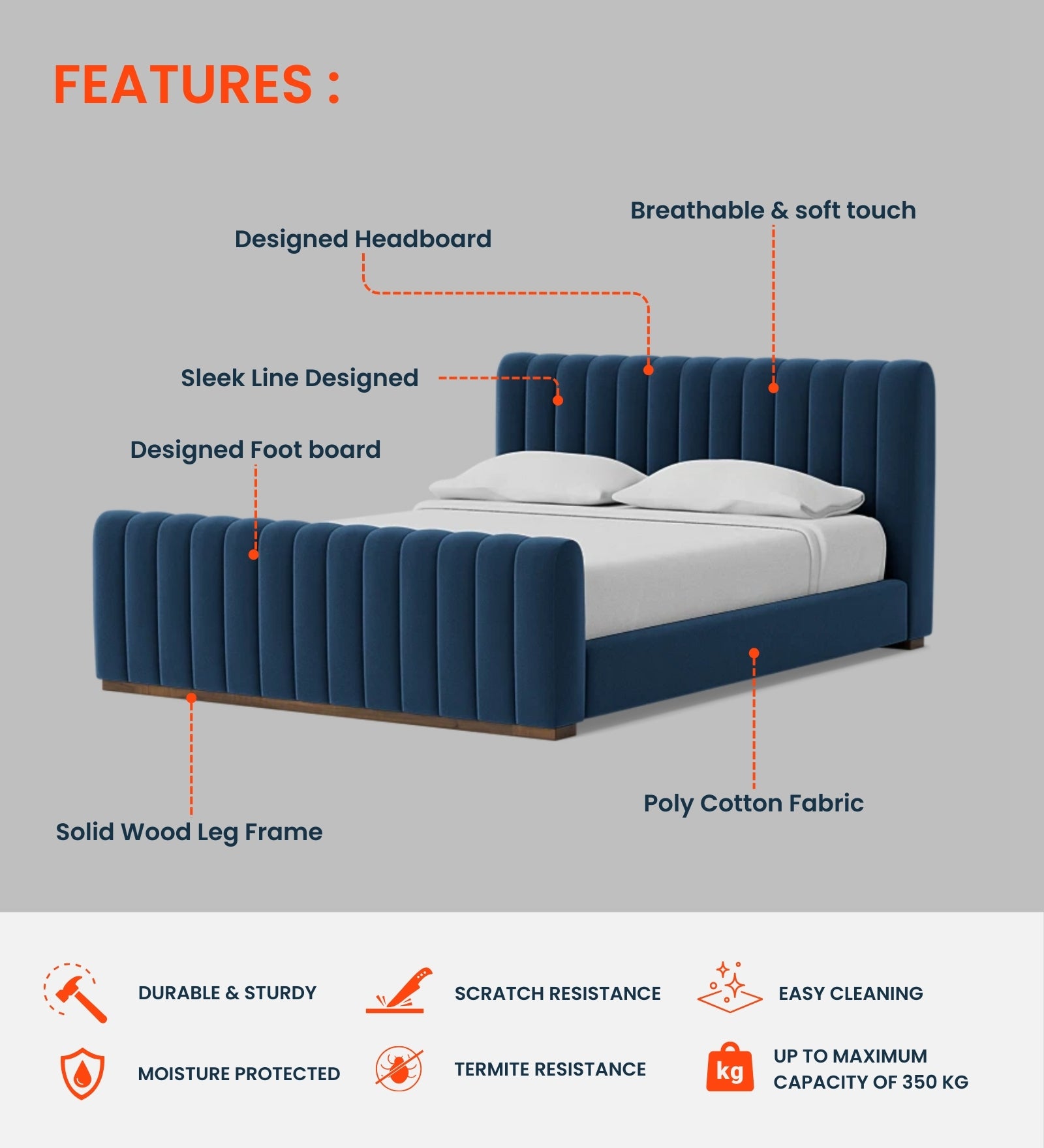 Nalan Velvet Upholstered King Size Bed in Pubble Grey Colour - Febonic Living