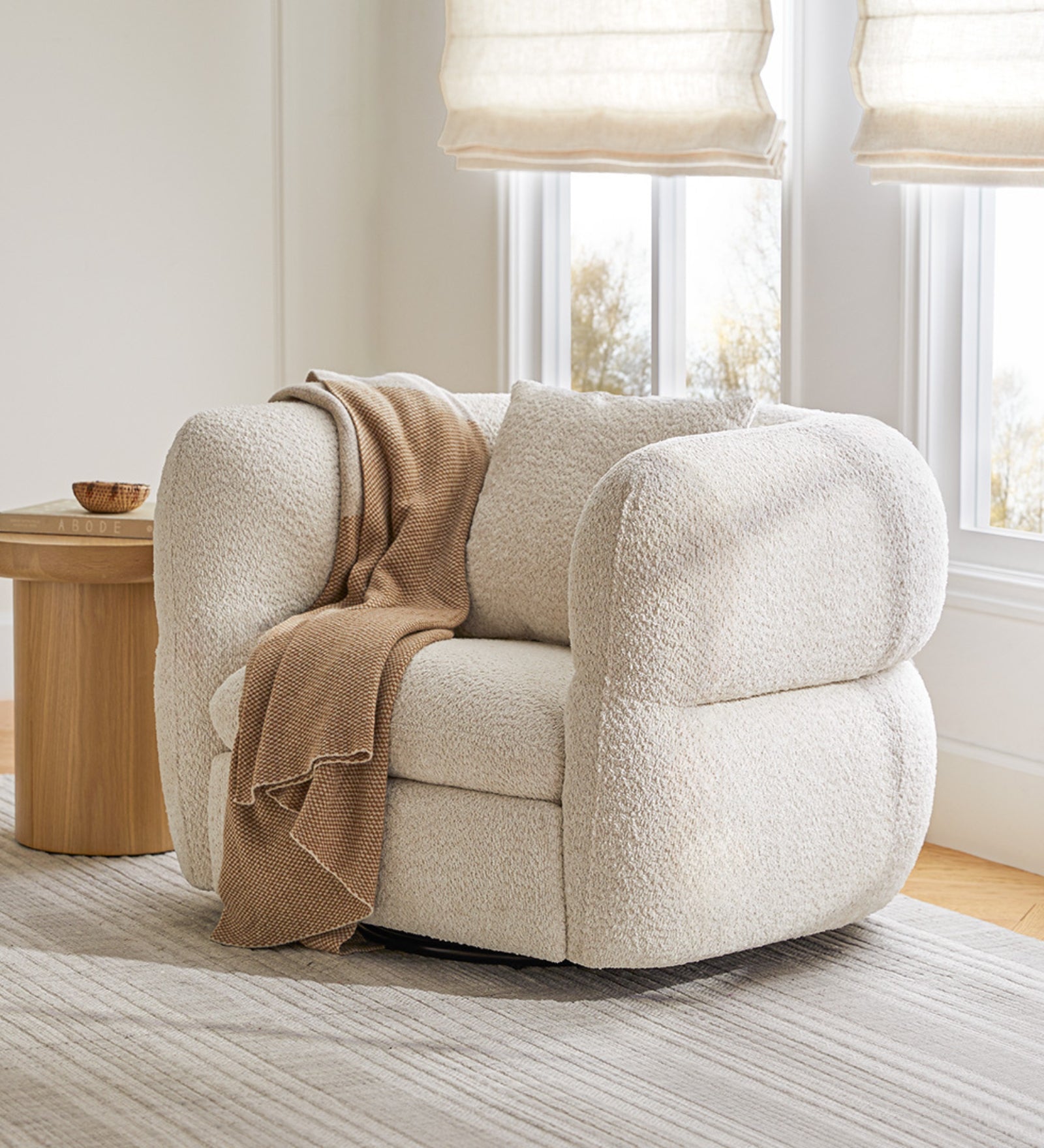 Buster Boucle Fabric Swivel Chair In Shell White Colour - Febonic Living