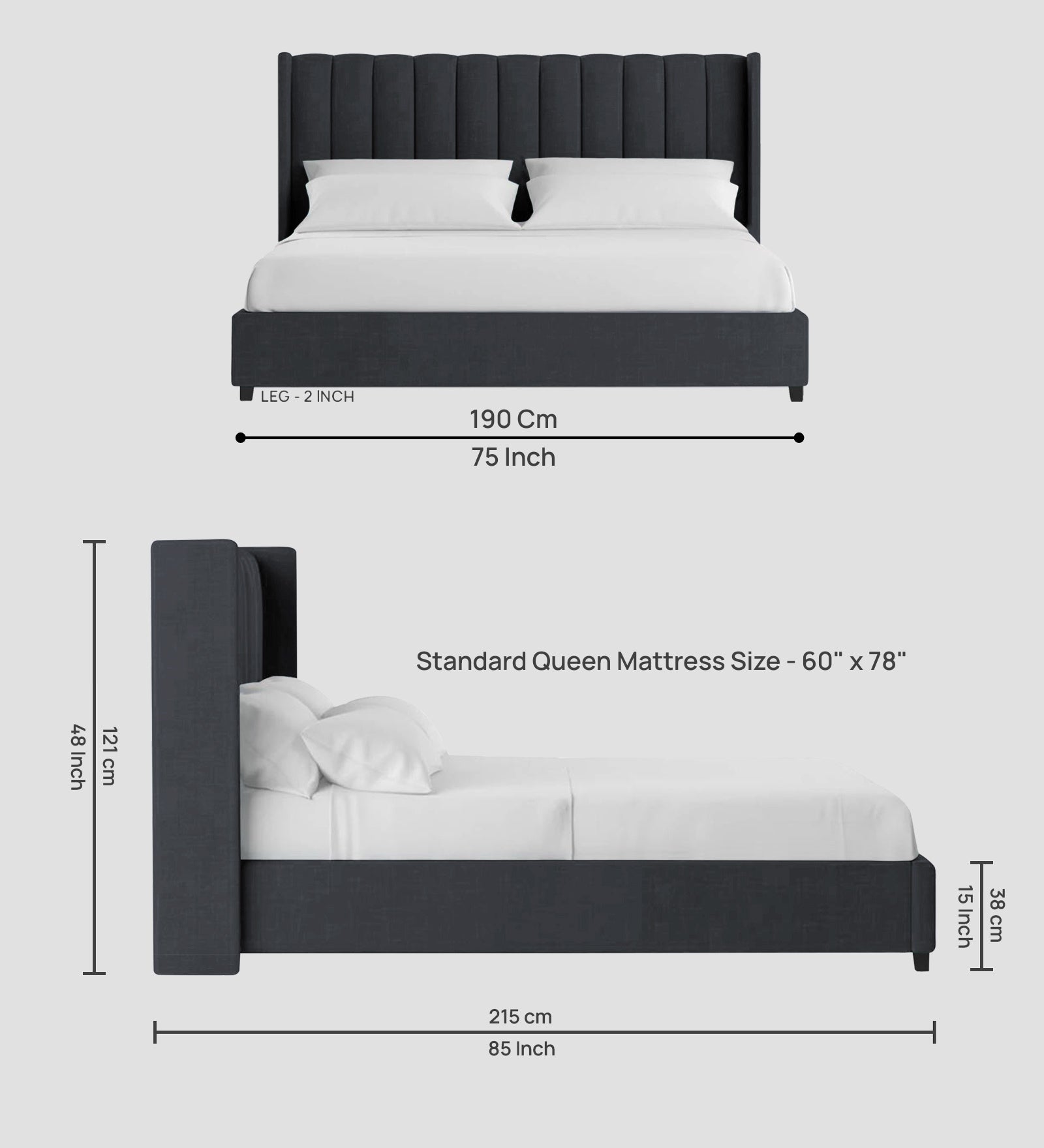 Colina Fabric Queen Size Bed In Charcoal Grey Colour With Box Storage - Febonic Living