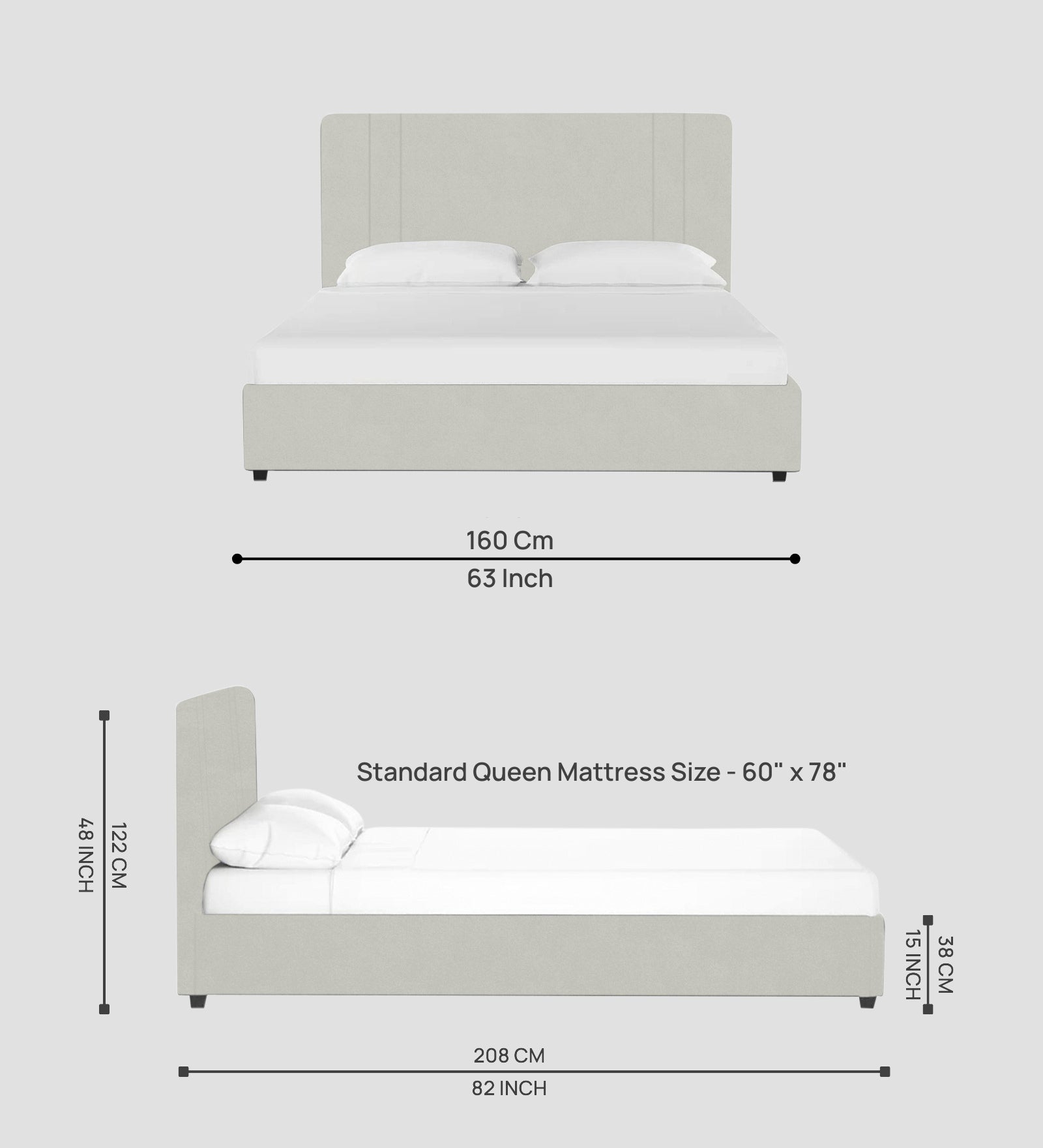 Asyra Velvet Queen Size Bed in Bone Grey Colour With Box Storage - Febonic Living