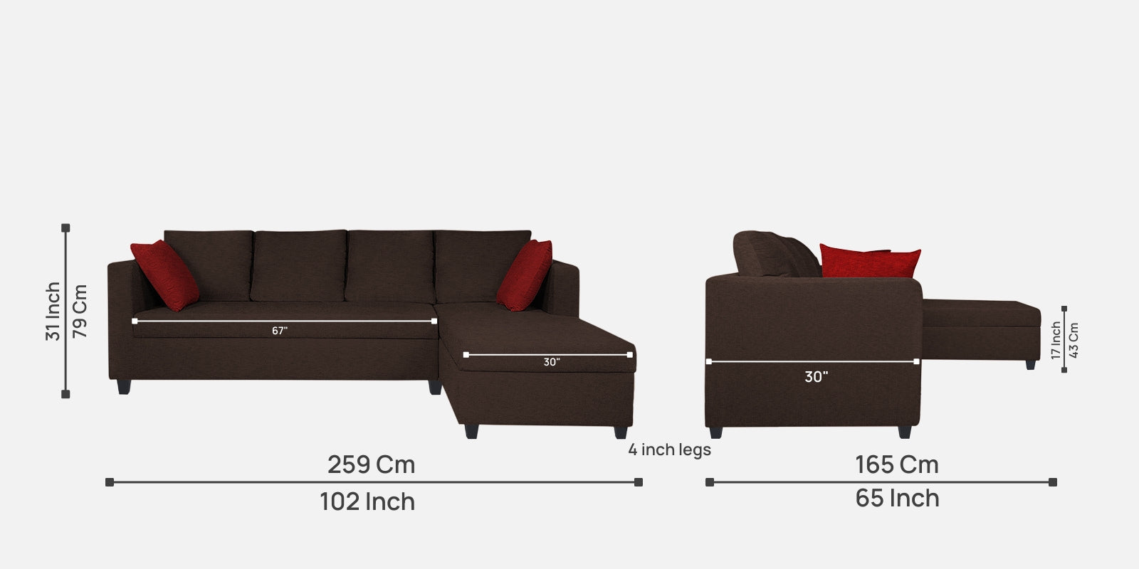 Nebula Fabric LHS Sectional Sofa (3+Lounger) In Coffee Brown Colour - Febonic Living