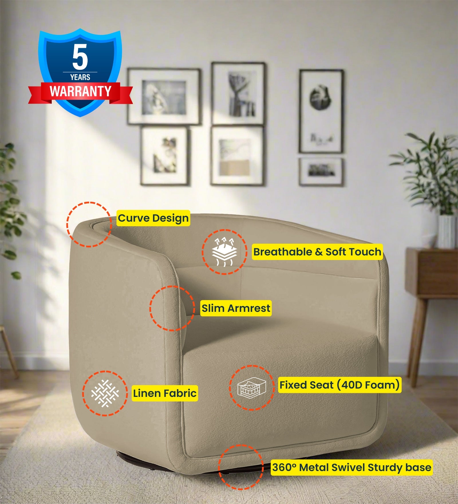 Ria Fabric Swivel Chair in Honey Beige Colour