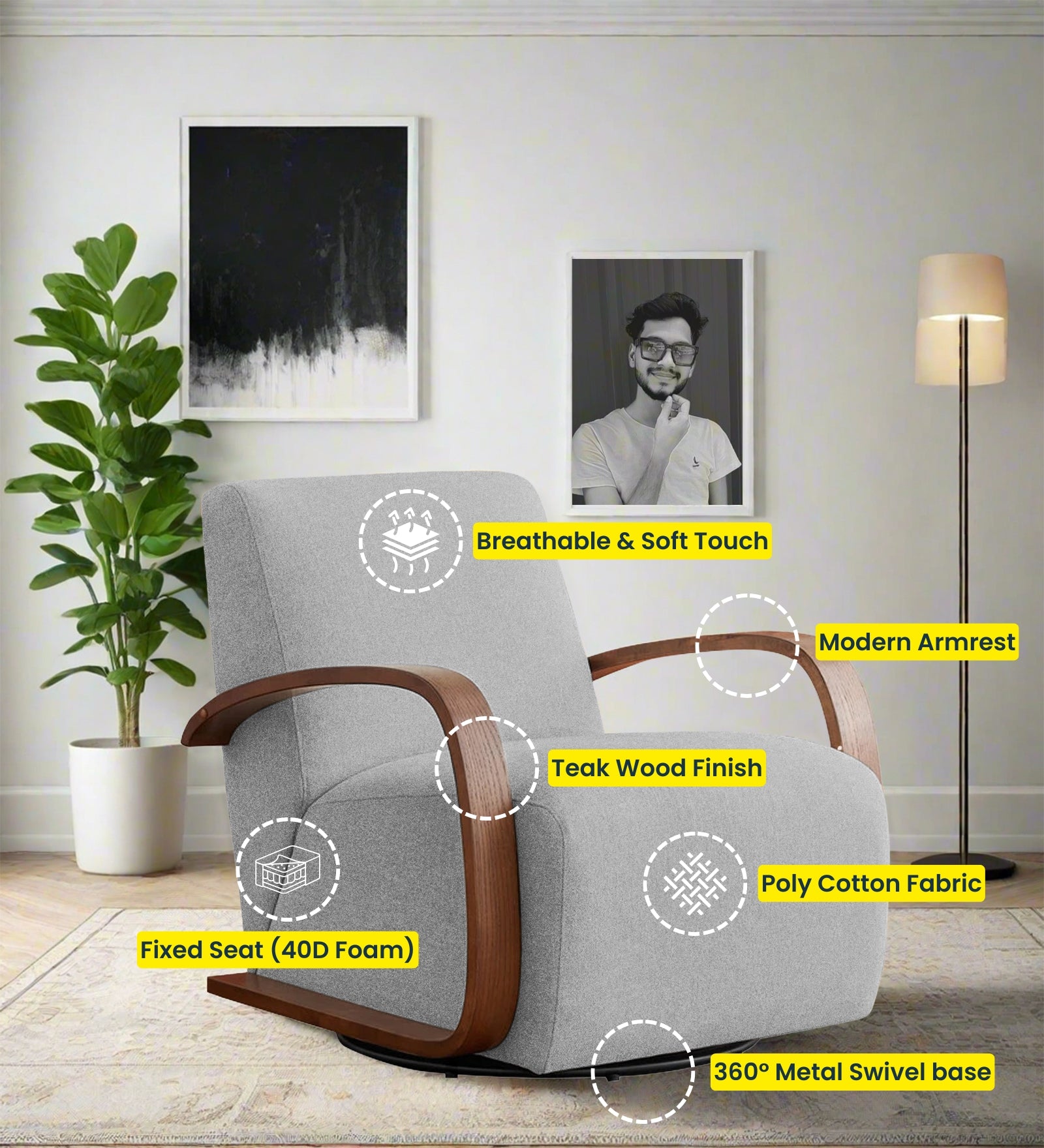Balma Fabric Swivel Chair in Lit Grey Colour