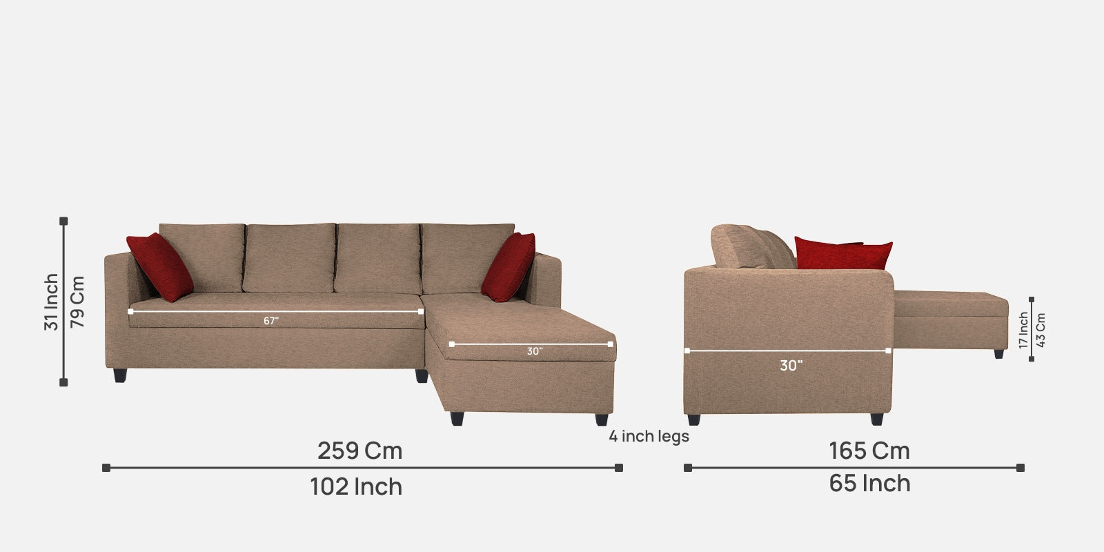 Nebula Fabric LHS Sectional Sofa (3+Lounger) In Cookie Beige Colour - Febonic Living