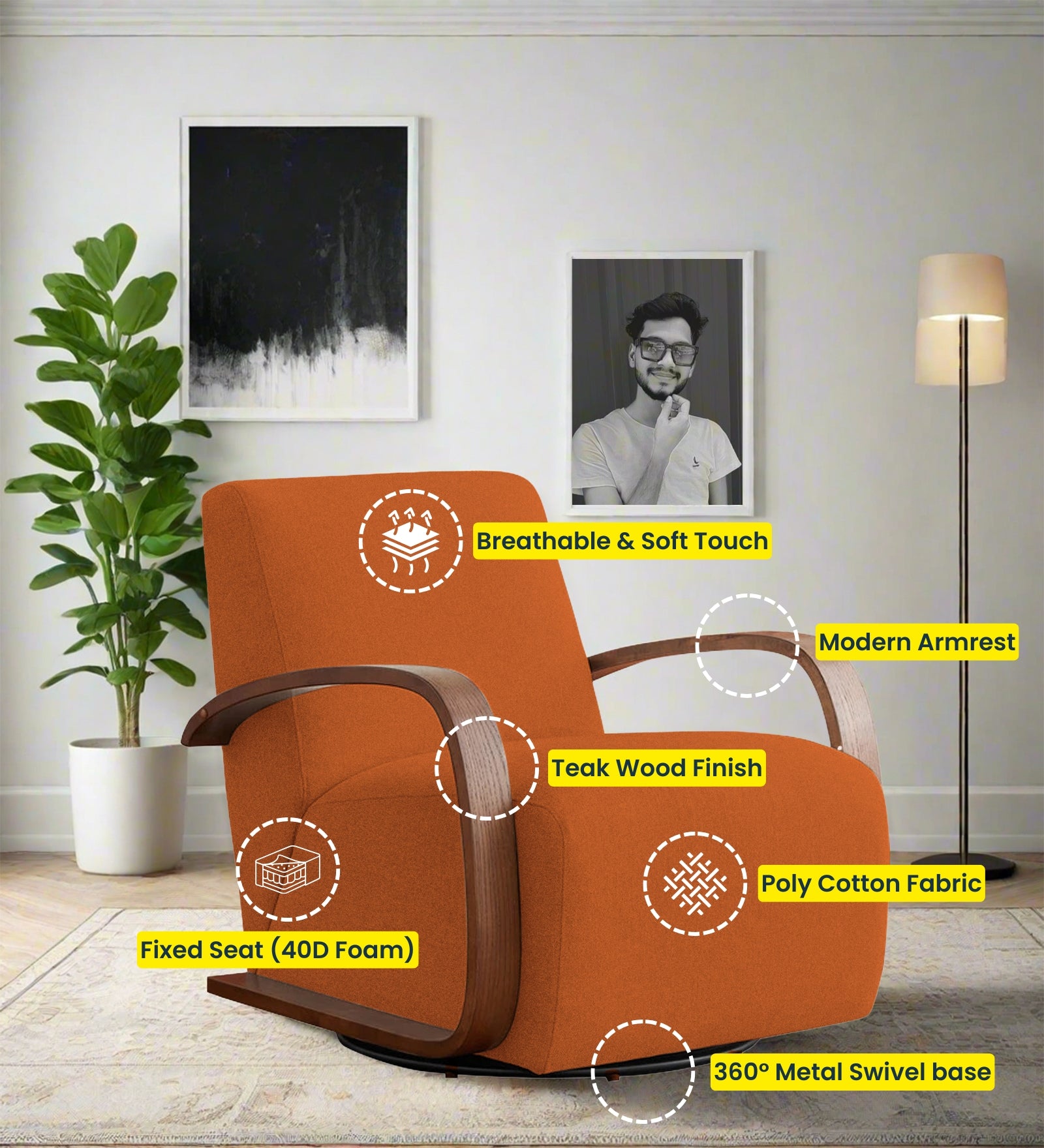 Balma Fabric Swivel Chair in Vivid Orange Colour