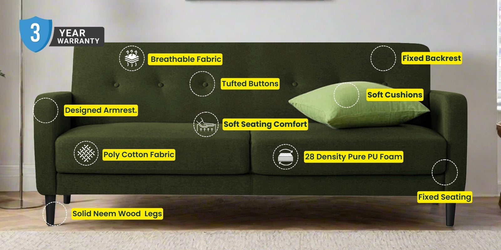 Marq Fabric 3 Seater Sofa In Coffee Brown Colour - Febonic Living