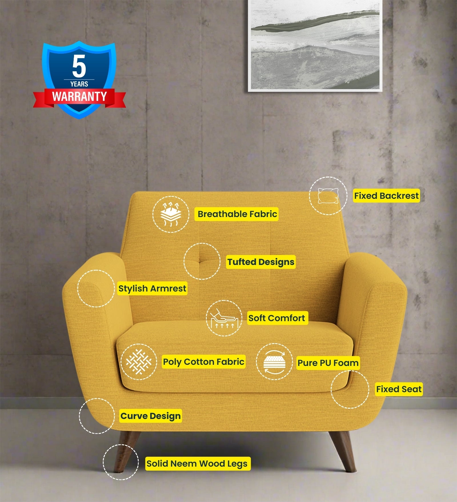 Jasmin Fabric 1 Seater Sofa In Bold Yellow Colour - Febonic Living