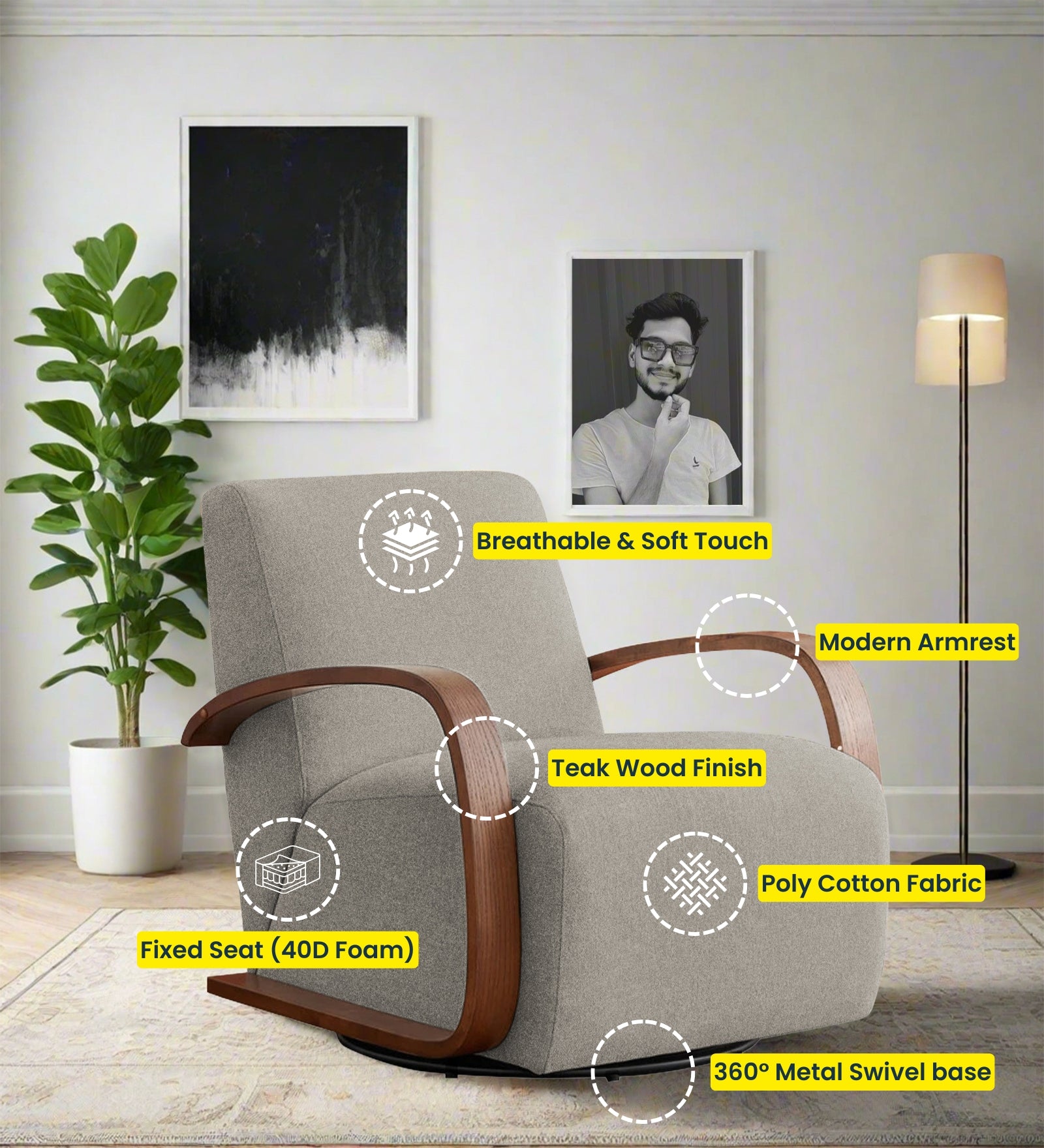 Balma Fabric Swivel Chair in Ash Grey Colour
