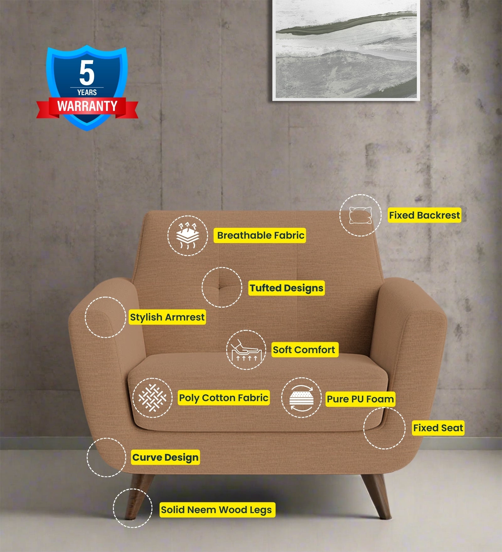 Jasmin Fabric 1 Seater Sofa In Cosmic Beige Colour - Febonic Living