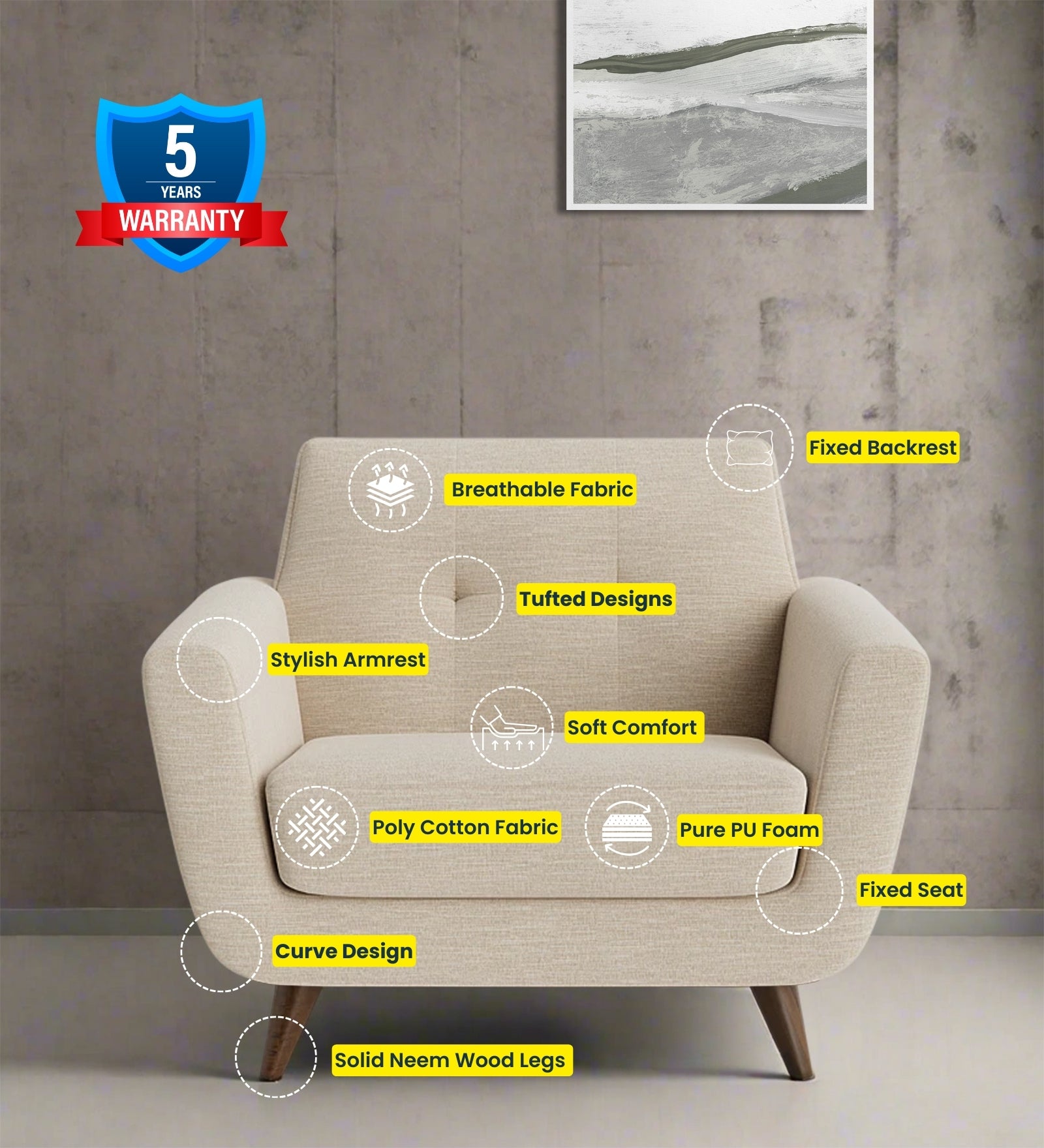 Jasmin Fabric 1 Seater Sofa In Ivory Cream Colour - Febonic Living