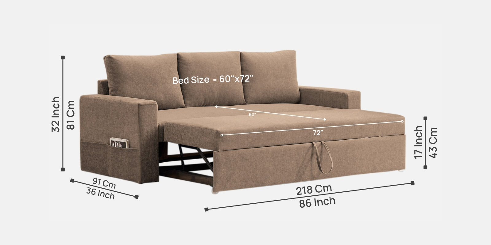 Kara Fabric 3 Seater Pull Out Sofa Cum Bed In Cookie Beige Colour - Febonic Living