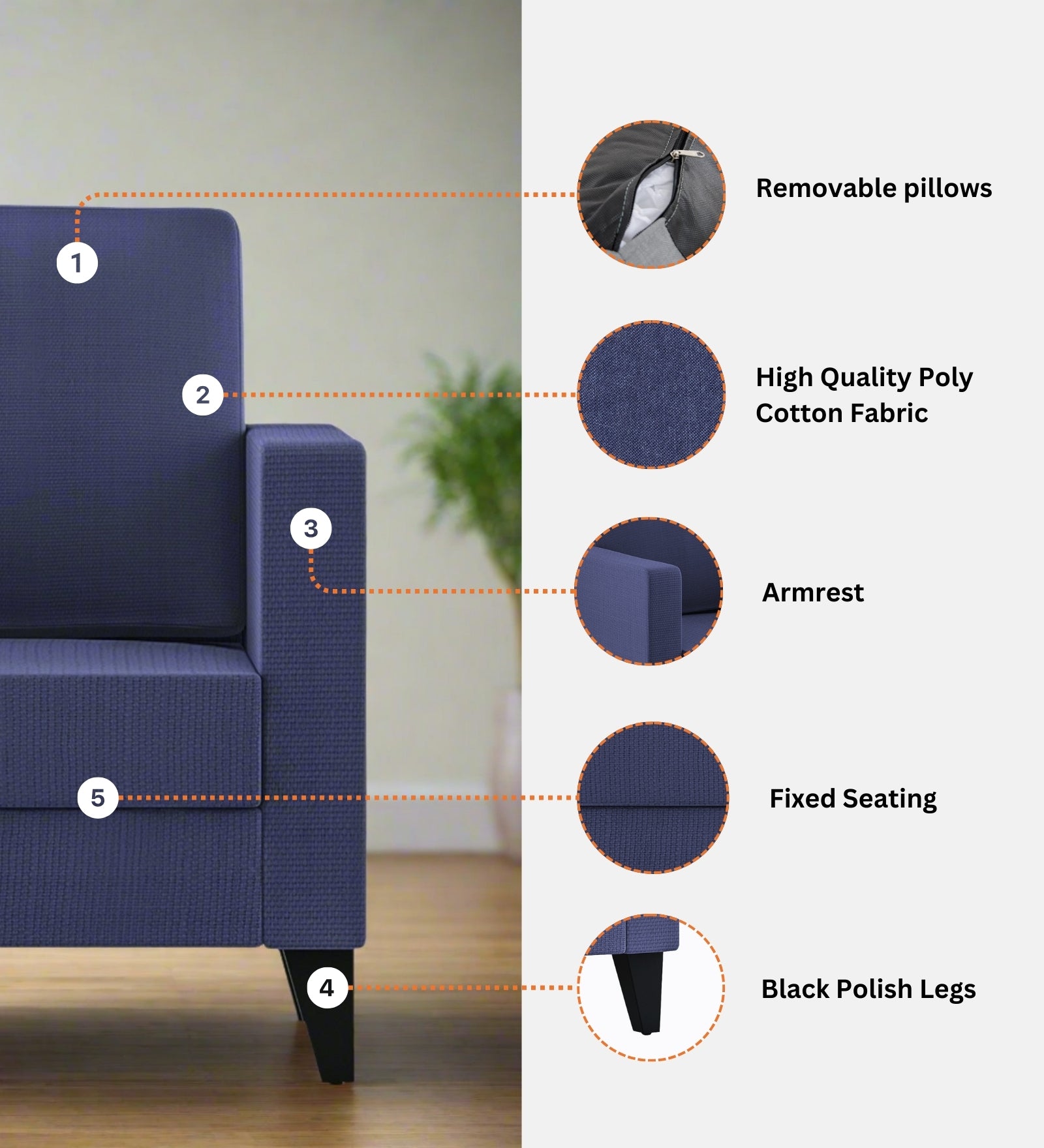 Nori Fabric 1 Seater Sofa In Sudo Grey Colour - Febonic Living