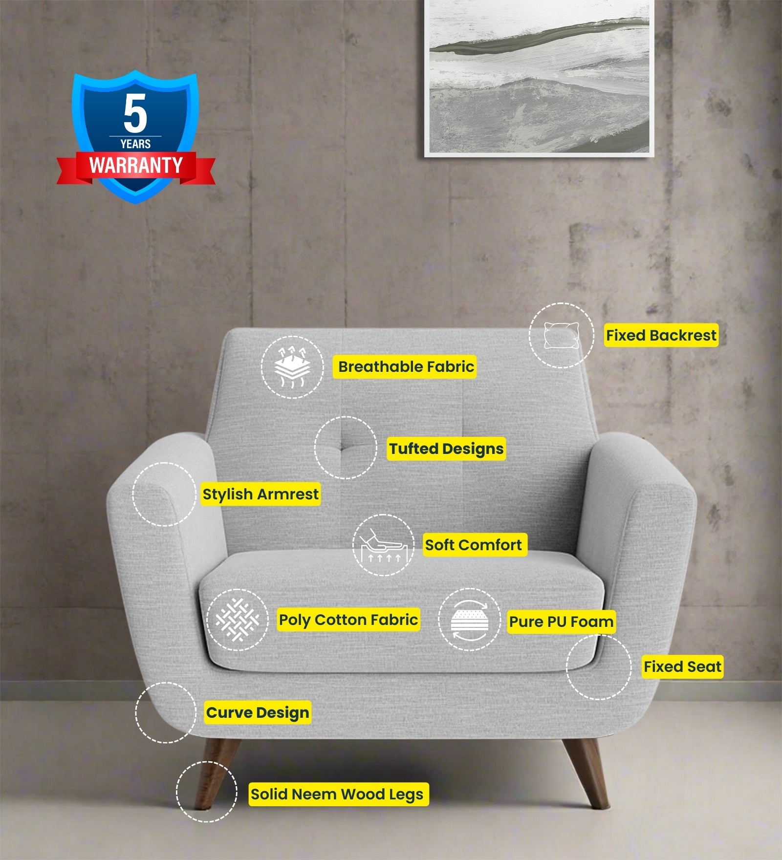 Jasmin Fabric 1 Seater Sofa In Lit Grey Colour - Febonic Living