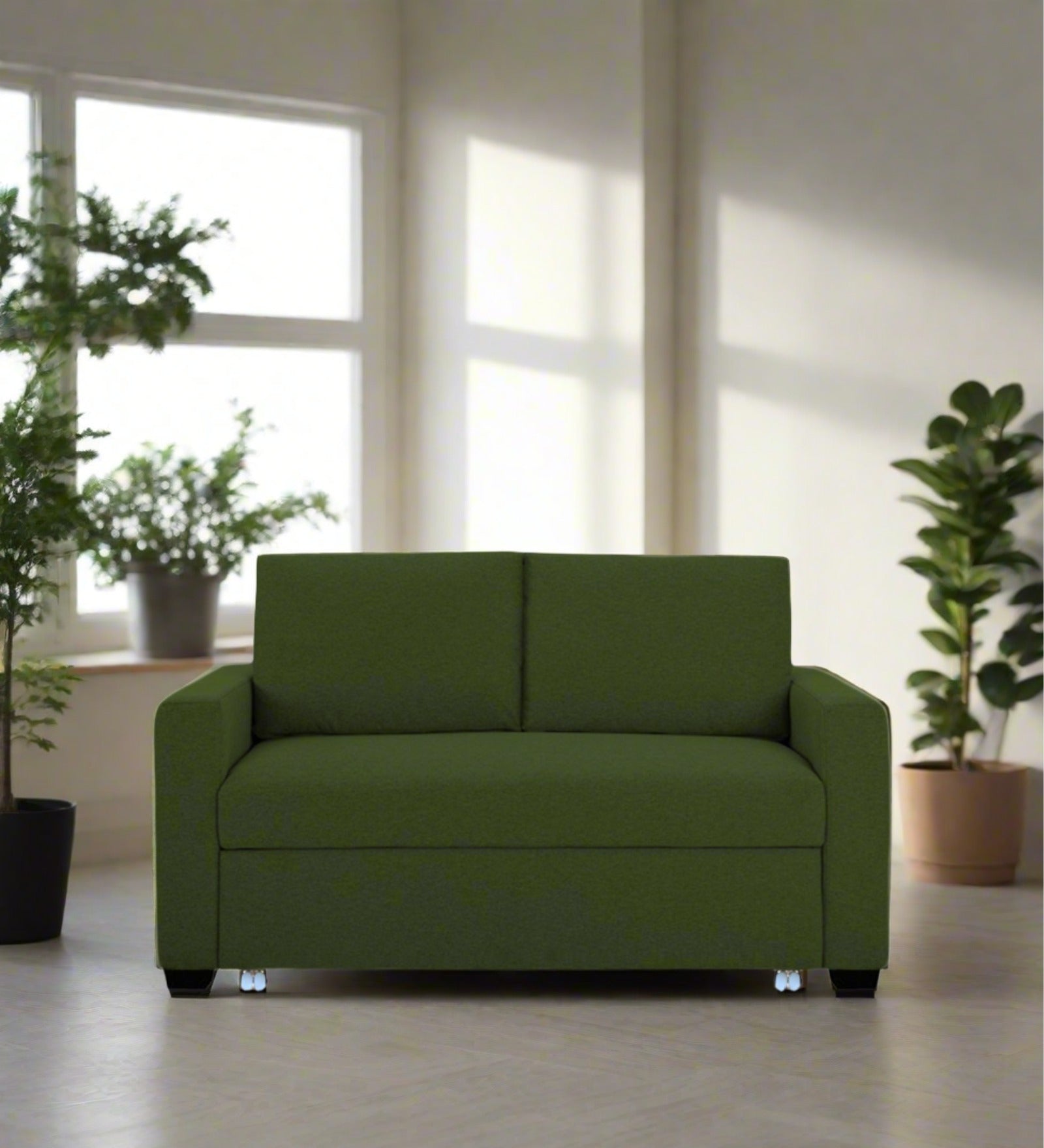 Lobby Fabric 2 Seater Pull Out Sofa Cum Bed In Olive Green Colour - Febonic Living